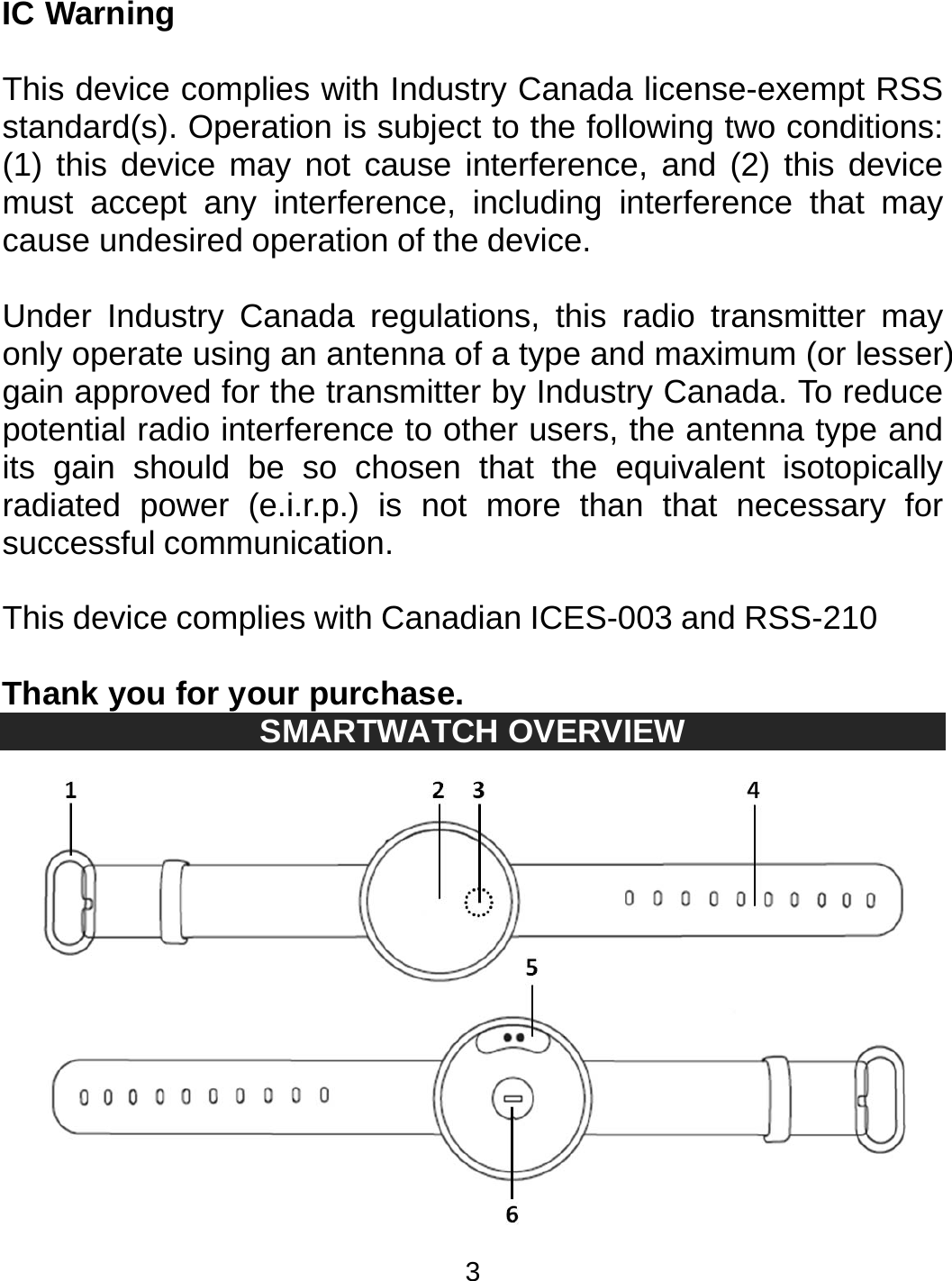 3 IC Warning   This device complies with Industry Canada license-exempt RSS standard(s). Operation is subject to the following two conditions: (1) this device may not cause interference, and (2) this device must accept any interference, including interference that may cause undesired operation of the device.  Under Industry Canada regulations, this radio transmitter may only operate using an antenna of a type and maximum (or lesser) gain approved for the transmitter by Industry Canada. To reduce potential radio interference to other users, the antenna type and its gain should be so chosen that the equivalent isotopically radiated power (e.i.r.p.) is not more than that necessary for successful communication.  This device complies with Canadian ICES-003 and RSS-210  Thank you for your purchase.  SMARTWATCH OVERVIEW  