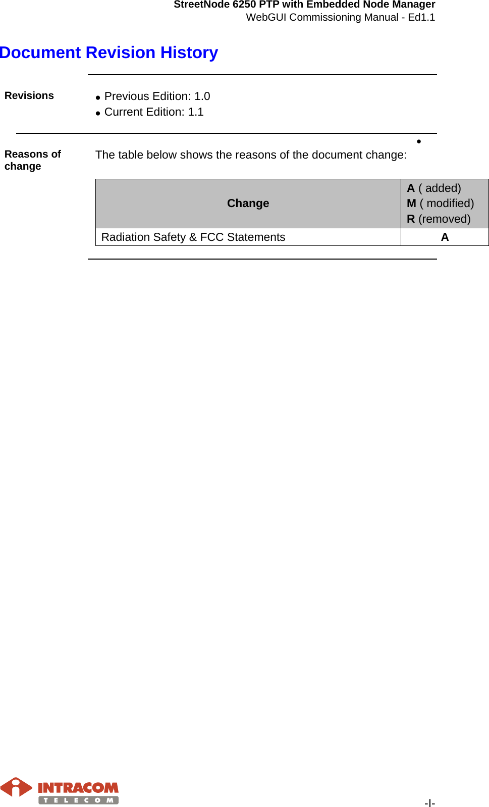 StreetNode 6250 PTP with Embedded Node Manager WebGUI Commissioning Manual - Ed1.1   -I- Document Revision History    Revisions • Previous Edition: 1.0 • Current Edition: 1.1 •  Reasons of change  The table below shows the reasons of the document change:  Change A ( added) M ( modified) R (removed) Radiation Safety &amp; FCC Statements A        