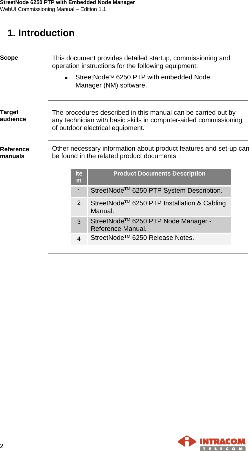 StreetNode 6250 PTP with Embedded Node Manager WebUI Commissioning Manual – Edition 1.1    2   1. Introduction    Scope  This document provides detailed startup, commissioning and operation instructions for the following equipment: • StreetNode 6250 PTP with embedded Node Manager (NM) software.    Target audience  The procedures described in this manual can be carried out by any technician with basic skills in computer-aided commissioning of outdoor electrical equipment.    Reference manuals Other necessary information about product features and set-up can be found in the related product documents :  Item  Product Documents Description 1 StreetNodeTM 6250 PTP System Description. 2  StreetNodeTM 6250 PTP Installation &amp; Cabling Manual. 3 StreetNodeTM 6250 PTP Node Manager - Reference Manual. 4 StreetNodeTM 6250 Release Notes.     