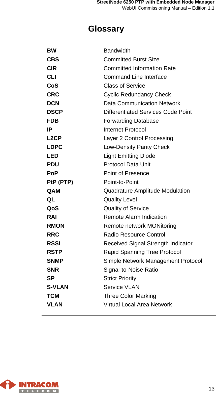  StreetNode 6250 PTP with Embedded Node Manager WebUI Commissioning Manual – Edition 1.1     13  Glossary    BW Bandwidth CBS Committed Burst Size CIR Committed Information Rate CLI Command Line Interface CoS Class of Service CRC Cyclic Redundancy Check DCN Data Communication Network DSCP Differentiated Services Code Point FDB Forwarding Database IP Internet Protocol L2CP Layer 2 Control Processing LDPC Low-Density Parity Check LED Light Emitting Diode PDU Protocol Data Unit PoP Point of Presence PtP (PTP) Point-to-Point QAM Quadrature Amplitude Modulation QL Quality Level QoS Quality of Service RAI Remote Alarm Indication RMON Remote network MONitoring RRC Radio Resource Control RSSI Received Signal Strength Indicator RSTP Rapid Spanning Tree Protocol SNMP Simple Network Management Protocol SNR Signal-to-Noise Ratio SP  Strict Priority S-VLAN Service VLAN TCM Three Color Marking VLAN Virtual Local Area Network    