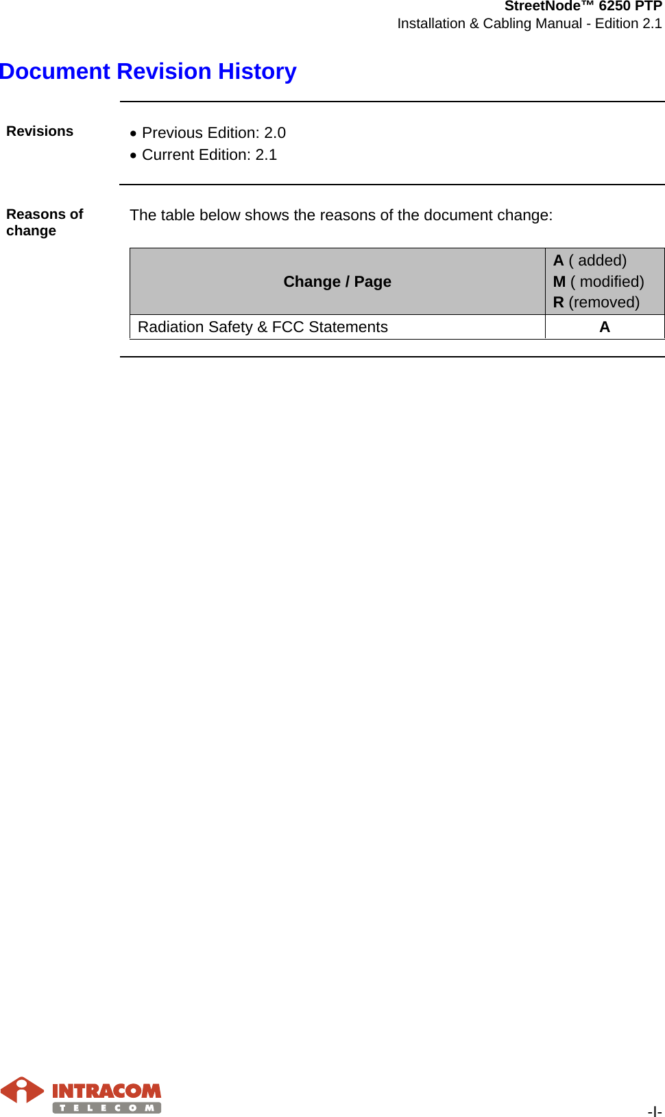 StreetNode™ 6250 PTP Installation &amp; Cabling Manual - Edition 2.1   -I- Document Revision History    Revisions • Previous Edition: 2.0 • Current Edition: 2.1    Reasons of change  The table below shows the reasons of the document change:  Change / Page A ( added) M ( modified) R (removed) Radiation Safety &amp; FCC Statements A        