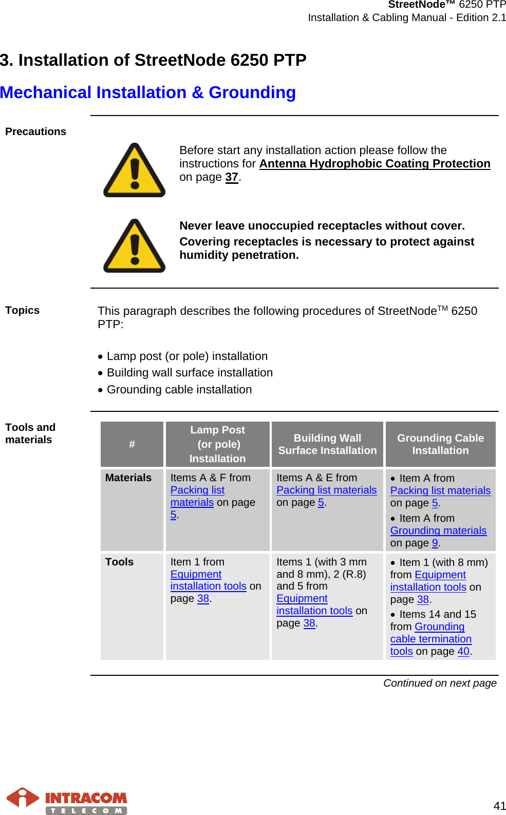  StreetNode™ 6250 PTP  Installation &amp; Cabling Manual - Edition 2.1   41  3. Installation of StreetNode 6250 PTP Mechanical Installation &amp; Grounding  Precautions    Before start any installation action please follow the instructions for Antenna Hydrophobic Coating Protection on page 37.    Never leave unoccupied receptacles without cover. Covering receptacles is necessary to protect against humidity penetration.   Topics  This paragraph describes the following procedures of StreetNodeTM 6250 PTP:  • Lamp post (or pole) installation • Building wall surface installation • Grounding cable installation  Tools and materials # Lamp Post  (or pole)  Installation Building Wall Surface Installation Grounding Cable Installation Materials Items A &amp; F from Packing list materials on page 5. Items A &amp; E from Packing list materials on page 5. • Item A from Packing list materials on page 5. • Item A from Grounding materials on page 9. Tools  Item 1 from Equipment installation tools on page 38. Items 1 (with 3 mm and 8 mm), 2 (R.8) and 5 from Equipment installation tools on page 38. • Item 1 (with 8 mm) from Equipment installation tools on page 38. • Items 14 and 15 from Grounding cable termination tools on page 40.  Continued on next page    