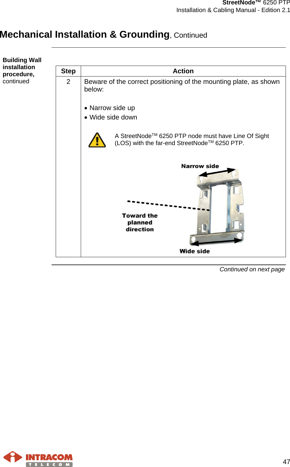  StreetNode™ 6250 PTP  Installation &amp; Cabling Manual - Edition 2.1   47  Mechanical Installation &amp; Grounding, Continued  Building Wall installation procedure, continued  Step  Action 2  Beware of the correct positioning of the mounting plate, as shown below:  • Narrow side up • Wide side down   A StreetNodeTM 6250 PTP node must have Line Of Sight (LOS) with the far-end StreetNodeTM 6250 PTP.    Continued on next page    