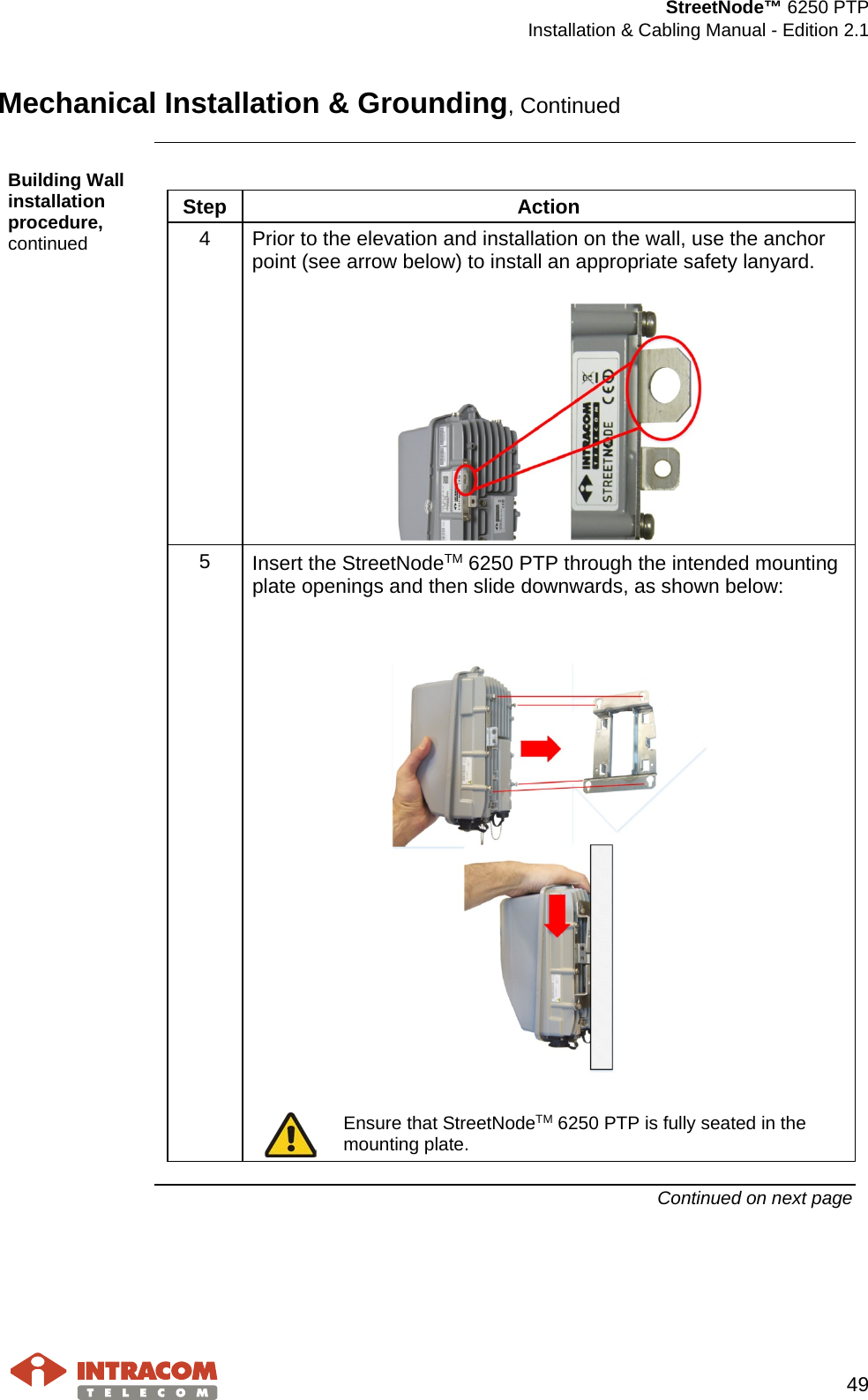  StreetNode™ 6250 PTP  Installation &amp; Cabling Manual - Edition 2.1   49  Mechanical Installation &amp; Grounding, Continued  Building Wall installation procedure, continued  Step Action 4  Prior to the elevation and installation on the wall, use the anchor point (see arrow below) to install an appropriate safety lanyard.   5  Insert the StreetNodeTM 6250 PTP through the intended mounting plate openings and then slide downwards, as shown below:      Ensure that StreetNodeTM 6250 PTP is fully seated in the mounting plate.   Continued on next page    