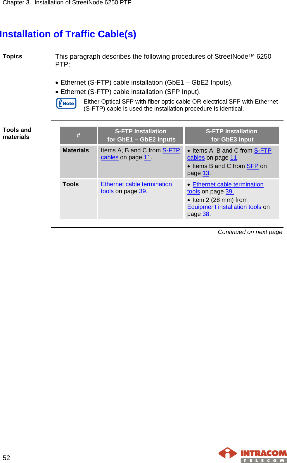 Chapter 3.  Installation of StreetNode 6250 PTP     52   Installation of Traffic Cable(s)  Topics  This paragraph describes the following procedures of StreetNodeTM 6250 PTP:  • Ethernet (S-FTP) cable installation (GbE1 – GbE2 Inputs). • Ethernet (S-FTP) cable installation (SFP Input).   Either Optical SFP with fiber optic cable OR electrical SFP with Ethernet (S-FTP) cable is used the installation procedure is identical.  Tools and materials #  S-FTP Installation  for GbE1 – GbE2 Inputs S-FTP Installation  for GbE3 Input Materials Items A, B and C from S-FTP cables on page 11. • Items A, B and C from S-FTP cables on page 11. • Items B and C from SFP on page 13. Tools  Ethernet cable termination tools on page 39. • Ethernet cable termination tools on page 39. • Item 2 (28 mm) from Equipment installation tools on page 38.  Continued on next page    