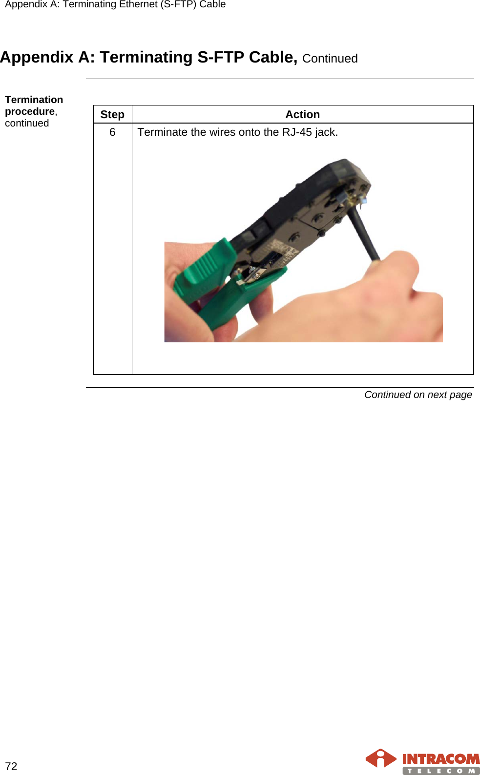 Appendix A: Terminating Ethernet (S-FTP) Cable    72   Appendix A: Terminating S-FTP Cable, Continued  Termination procedure, continued  Step Action 6  Terminate the wires onto the RJ-45 jack.      Continued on next page    