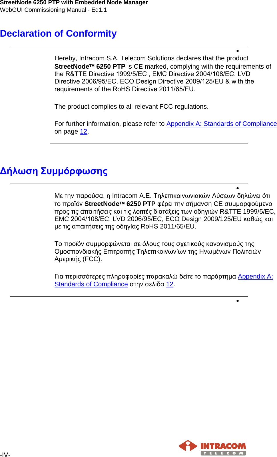 StreetNode 6250 PTP with Embedded Node Manager WebGUI Commissioning Manual - Ed1.1  -IV-   Declaration of Conformity •   Hereby, Intracom S.A. Telecom Solutions declares that the product StreetNode 6250 PTP is CE marked, complying with the requirements of the R&amp;TTE Directive 1999/5/EC , EMC Directive 2004/108/ΕC, LVD Directive 2006/95/ΕC, ΕCO Design Directive 2009/125/EU &amp; with the requirements of the RoHS Directive 2011/65/ΕU.  The product complies to all relevant FCC regulations.  For further information, please refer to Appendix A: Standards of Compliance on page 12.     Δήλωση Συμμόρφωσης •   Με την παρούσα, η Intracom Α.Ε. Τηλεπικοινωνιακών Λύσεων δηλώνει ότι το προϊόν StreetNode 6250 PTP φέρει την σήμανση CE συμμορφούμενο προς τις απαιτήσεις και τις λοιπές διατάξεις των οδηγιών R&amp;TTE 1999/5/EC, EMC 2004/108/ΕC, LVD 2006/95/ΕC, ΕCO Design 2009/125/EU καθώς και με τις απαιτήσεις της οδηγίας RoHS 2011/65/EU.  Το προϊόν συμμορφώνεται σε όλους τους σχετικούς κανονισμούς της Ομοσπονδιακής Επιτροπής Τηλεπικοινωνίων της Ηνωμένων Πολιτειών Αμερικής (FCC).  Για περισσότερες πληροφορίες παρακαλώ δείτε το παράρτημα Appendix A: Standards of Compliance στην σελιδα 12. •     