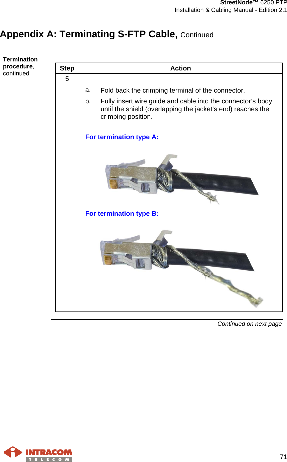  StreetNode™ 6250 PTP  Installation &amp; Cabling Manual - Edition 2.1   71  Appendix A: Terminating S-FTP Cable, Continued  Termination procedure, continued  Step Action 5   a. Fold back the crimping terminal of the connector. b. Fully insert wire guide and cable into the connector’s body until the shield (overlapping the jacket’s end) reaches the crimping position.  For termination type A:   For termination type B:     Continued on next page    