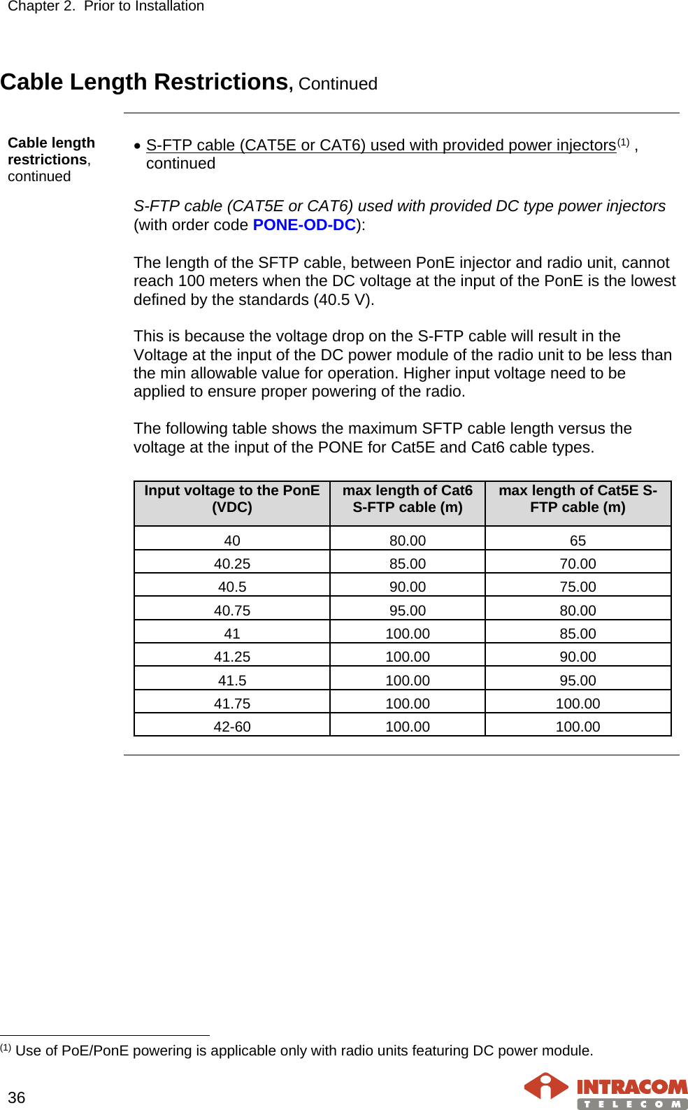 Chapter 2.  Prior to Installation     36   Cable Length Restrictions, Continued    Cable length restrictions, continued • S-FTP cable (CAT5E or CAT6) used with provided power injectors(1) , continued  S-FTP cable (CAT5E or CAT6) used with provided DC type power injectors (with order code PONE-OD-DC):   The length of the SFTP cable, between PonE injector and radio unit, cannot reach 100 meters when the DC voltage at the input of the PonE is the lowest defined by the standards (40.5 V).  This is because the voltage drop on the S-FTP cable will result in the Voltage at the input of the DC power module of the radio unit to be less than the min allowable value for operation. Higher input voltage need to be applied to ensure proper powering of the radio.   The following table shows the maximum SFTP cable length versus the voltage at the input of the PONE for Cat5E and Cat6 cable types.  Input voltage to the PonE (VDC) max length of Cat6 S-FTP cable (m) max length of Cat5E S-FTP cable (m) 40 80.00 65 40.25 85.00 70.00 40.5 90.00 75.00 40.75 95.00 80.00 41 100.00 85.00 41.25 100.00 90.00 41.5 100.00 95.00 41.75 100.00 100.00 42-60 100.00 100.00                                                       (1) Use of PoE/PonE powering is applicable only with radio units featuring DC power module. 