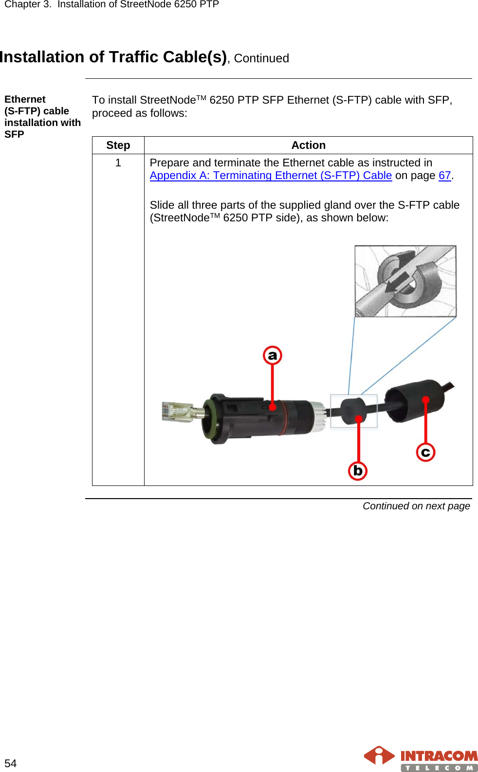 Chapter 3.  Installation of StreetNode 6250 PTP     54   Installation of Traffic Cable(s), Continued  Ethernet        (S-FTP) cable installation with SFP To install StreetNodeTM 6250 PTP SFP Ethernet (S-FTP) cable with SFP, proceed as follows:  Step Action 1  Prepare and terminate the Ethernet cable as instructed in Appendix A: Terminating Ethernet (S-FTP) Cable on page 67.  Slide all three parts of the supplied gland over the S-FTP cable (StreetNodeTM 6250 PTP side), as shown below:    Continued on next page 