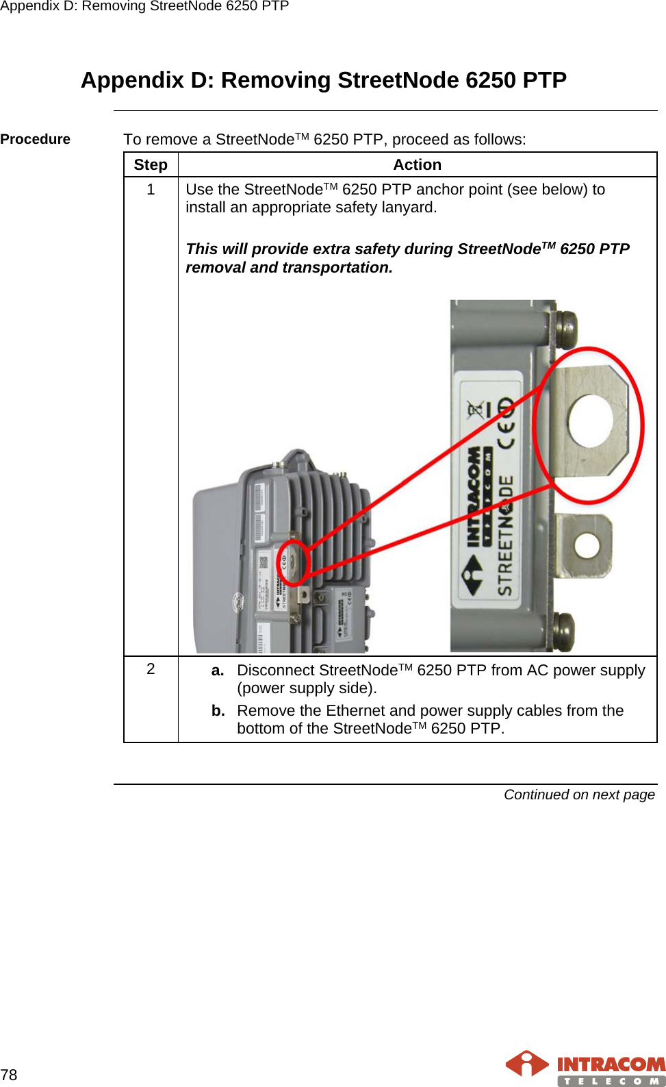 Appendix D: Removing StreetNode 6250 PTP    78   Appendix D: Removing StreetNode 6250 PTP  Procedure  To remove a StreetNodeTM 6250 PTP, proceed as follows: Step Action 1  Use the StreetNodeTM 6250 PTP anchor point (see below) to install an appropriate safety lanyard.  This will provide extra safety during StreetNodeTM 6250 PTP removal and transportation.   2  a. Disconnect StreetNodeTM 6250 PTP from AC power supply (power supply side). b. Remove the Ethernet and power supply cables from the bottom of the StreetNodeTM 6250 PTP.   Continued on next page 