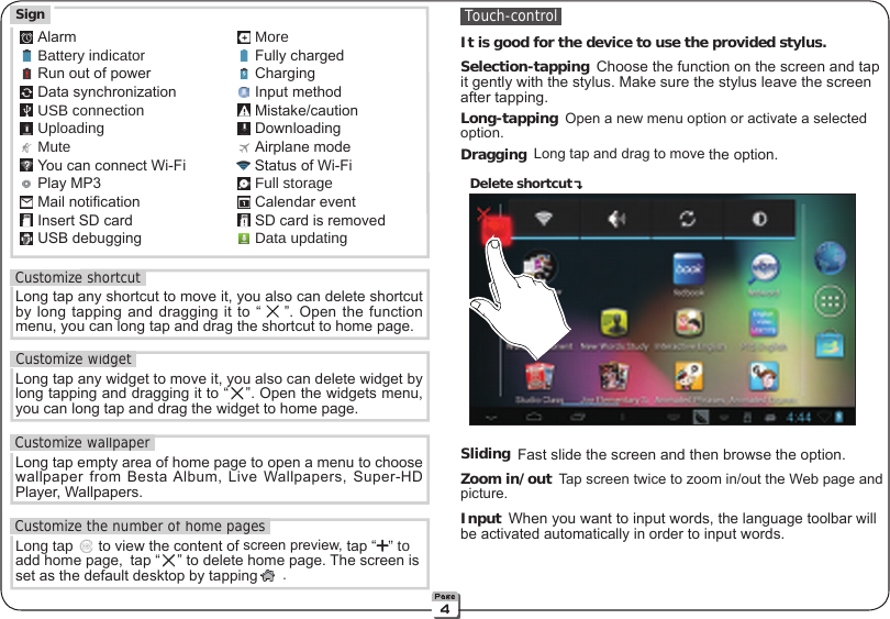  Touch-control It is good for the device to use the provided stylus. Selection-tapping Choose the function on the screen and tap   it gently with the stylus. Make sure the stylus leave the screen    after tapping. Long-tapping Open a new menu option or activate a selected    option. Dragging Long tap and drag to move the option. Sliding Fast slide the screen and then browse the option. Zoom in/out Tap screen twice to zoom in/out the Web page and    picture. Input When you want to input words, the language toolbar will   be activated automatically in order to input words.Customize shortcutLong tap any shortcut to move it, you also can delete shortcut by long tapping  and dragging it to “ ╳”. Open the function menu, you can long tap and drag the shortcut to home page.Customize widgetLong tap any widget to move it, you also can delete widget by long tapping and dragging it to “ ╳”. Open the widgets menu, you can long tap and drag the widget to home page. Customize wallpaperLong tap empty area of home page to open a menu to choose wallpaper from Besta Album, Live Wallpapers, Super-HD Player, Wallpapers. Customize the number of home pagesLong tap   to view the content of screen preview, tap “ ” to add home page, tap “ ╳” to delete home page. The screen is set as the default desktop by tapping .Delete shortcut  Sign   Alarm  　　　　  More  Battery indicator 　　　　  Fully charged  Run out of power 　　　　  Charging  Data synchronization　　　　  Input method  USB connection 　　　　  Mistake/caution  Uploading 　　　　  Downloading  Mute  　　　　  Airplane mode  You can connect Wi-Fi         Status of Wi-Fi  Play MP3 　　　　  Full storage  Mail notication 　　　　  Calendar event  Insert SD card 　　　　  SD card is removed  USB debugging 　　　　  Data updating4