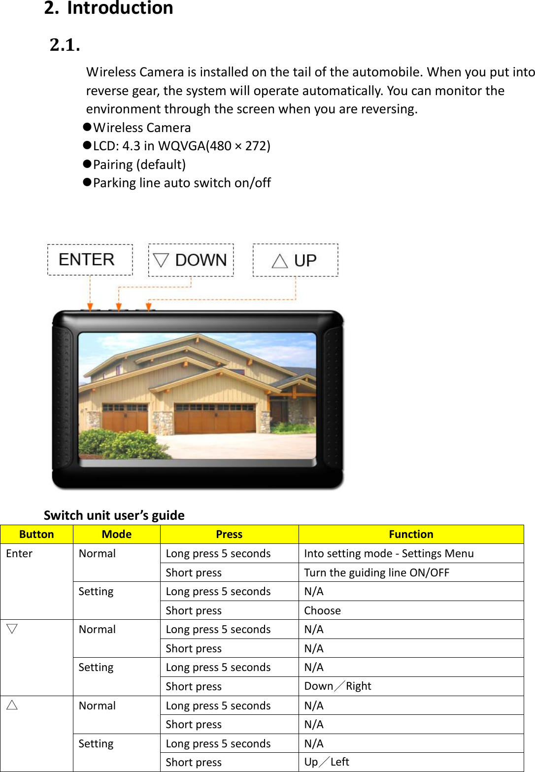 2. Introduction 2.1.  Wireless Camera is installed on the tail of the automobile. When you put into reverse gear, the system will operate automatically. You can monitor the environment through the screen when you are reversing.  Wireless Camera    LCD: 4.3 in WQVGA(480 × 272)  Pairing (default)  Parking line auto switch on/off     Switch unit user’s guide   Button Mode Press Function Enter Normal Long press 5 seconds Into setting mode - Settings Menu Short press Turn the guiding line ON/OFF Setting Long press 5 seconds N/A Short press Choose ▽ Normal Long press 5 seconds N/A Short press N/A Setting Long press 5 seconds N/A Short press Down／Right △ Normal Long press 5 seconds N/A Short press N/A Setting Long press 5 seconds N/A Short press Up／Left  