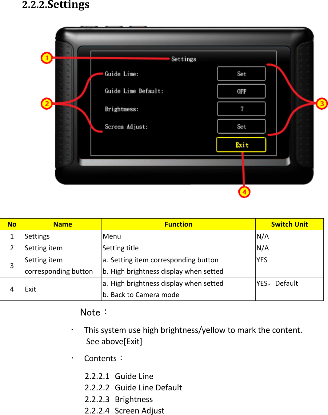 2.2.2. Settings   Note：  This system use high brightness/yellow to mark the content. See above[Exit]  Contents： 2.2.2.1 Guide Line 2.2.2.2 Guide Line Default 2.2.2.3 Brightness 2.2.2.4 Screen Adjust      No Name Function Switch Unit 1 Settings Menu N/A 2 Setting item Setting title N/A 3 Setting item corresponding button   a. Setting item corresponding button   b. High brightness display when setted YES 4 Exit a. High brightness display when setted b. Back to Camera mode YES，Default 