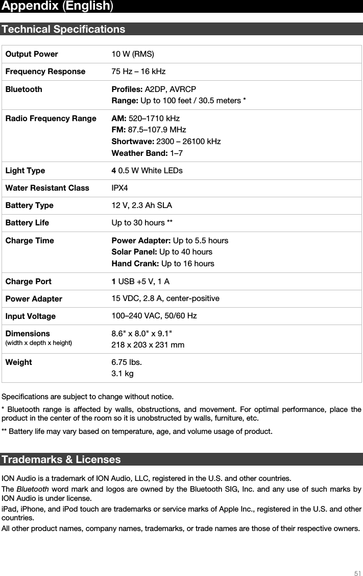   51   Appendix (English)  Technical Specifications  Output Power  10 W (RMS)Frequency Response  75 Hz –16 kHzBluetooth Profiles: A2DP, AVRCP Range: Up to 100 feet / 30.5 meters * Radio Frequency Range  AM: 520–1710 kHz FM: 87.5–107.9 MHz Shortwave: 2300 – 26100 kHz Weather Band: 1–7 Light Type  4 0.5 W White LEDs Water Resistant Class  IPX4Battery Type  12 V, 2.3 Ah SLABattery Life  Up to 30 hours **Charge Time  Power Adapter: Up to 5.5 hours Solar Panel: Up to 40 hours Hand Crank: Up to 16 hours Charge Port  1 USB +5 V, 1 A Power Adapter  15VDC, 2.8 A, center-positiveInput Voltage  100–240 VAC, 50/60 HzDimensions (width x depth x height) 8.6&quot; x 8.0&quot; x 9.1&quot; 218 x 203 x 231 mm Weight  6.75 lbs. 3.1 kg  Specifications are subject to change without notice. * Bluetooth range is affected by walls, obstructions, and movement. For optimal performance, place the product in the center of the room so it is unobstructed by walls, furniture, etc. ** Battery life may vary based on temperature, age, and volume usage of product.   Trademarks &amp; Licenses  ION Audio is a trademark of ION Audio, LLC, registered in the U.S. and other countries. The Bluetooth word mark and logos are owned by the Bluetooth SIG, Inc. and any use of such marks by ION Audio is under license. iPad, iPhone, and iPod touch are trademarks or service marks of Apple Inc., registered in the U.S. and other countries. All other product names, company names, trademarks, or trade names are those of their respective owners. 