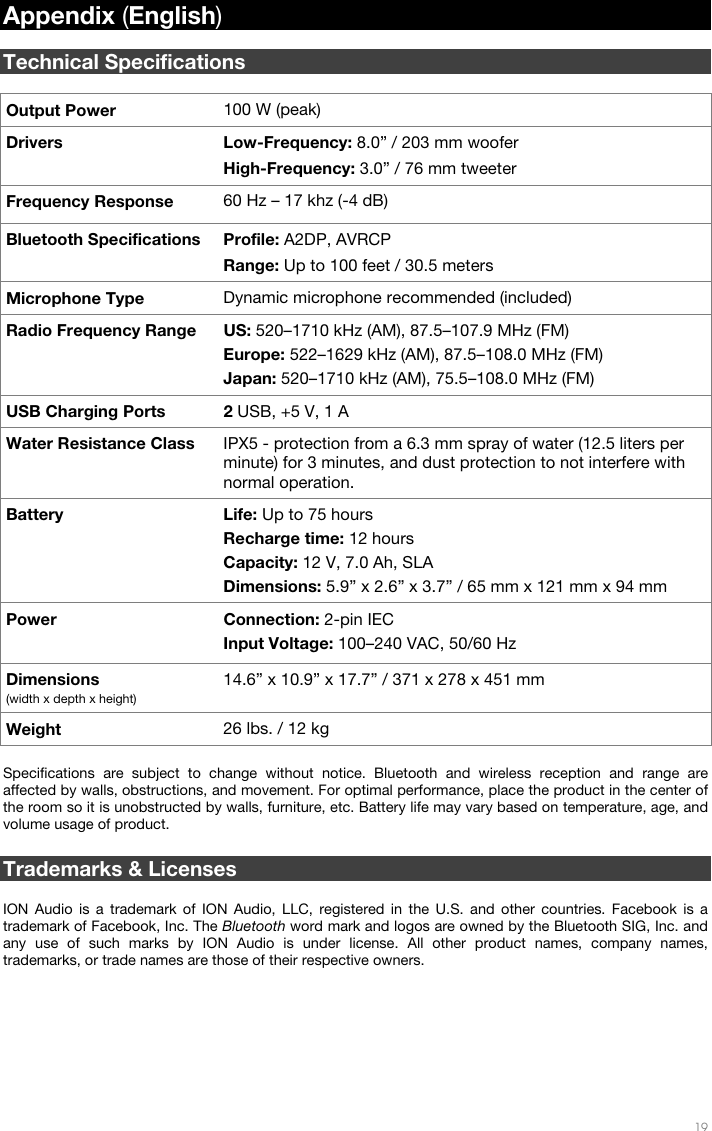   19   Appendix (English)  Technical Specifications  Output Power  100 W (peak) Drivers Low-Frequency: 8.0” / 203 mm woofer High-Frequency: 3.0” / 76 mm tweeter Frequency Response  60 Hz – 17 khz (-4 dB)Bluetooth Specifications Profile: A2DP, AVRCP Range: Up to 100 feet / 30.5 meters Microphone Type  Dynamic microphone recommended (included) Radio Frequency Range  US: 520–1710 kHz (AM), 87.5–107.9 MHz (FM) Europe: 522–1629 kHz (AM), 87.5–108.0 MHz (FM) Japan: 520–1710 kHz (AM), 75.5–108.0 MHz (FM) USB Charging Ports  2 USB, +5 V, 1 A Water Resistance Class  IPX5 - protection from a 6.3 mm spray of water (12.5 liters per minute) for 3 minutes, and dust protection to not interfere with normal operation.  Battery Life: Up to 75 hours    Recharge time: 12 hours  Capacity: 12 V, 7.0 Ah, SLA Dimensions: 5.9” x 2.6” x 3.7” / 65 mm x 121 mm x 94 mm  Power Connection: 2-pin IEC Input Voltage: 100–240 VAC, 50/60 Hz  Dimensions (width x depth x height) 14.6” x 10.9” x 17.7” / 371 x 278 x 451 mm  Weight  26 lbs. / 12 kg  Specifications are subject to change without notice. Bluetooth and wireless reception and range are affected by walls, obstructions, and movement. For optimal performance, place the product in the center of the room so it is unobstructed by walls, furniture, etc. Battery life may vary based on temperature, age, and volume usage of product.  Trademarks &amp; Licenses  ION Audio is a trademark of ION Audio, LLC, registered in the U.S. and other countries. Facebook is a trademark of Facebook, Inc. The Bluetooth word mark and logos are owned by the Bluetooth SIG, Inc. and any use of such marks by ION Audio is under license. All other product names, company names, trademarks, or trade names are those of their respective owners. 