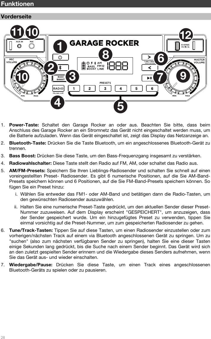   28  Funktionen  Vorderseite  1. Power-Taste: Schaltet den Garage Rocker an oder aus. Beachten Sie bitte, dass beim Anschluss des Garage Rocker an ein Stromnetz das Gerät nicht eingeschaltet werden muss, um die Batterie aufzuladen. Wenn das Gerät eingeschaltet ist, zeigt das Display das Netzanzeige an. 2. Bluetooth-Taste: Drücken Sie die Taste Bluetooth, um ein angeschlossenes Bluetooth-Gerät zu trennen. 3. Bass Boost: Drücken Sie diese Taste, um den Bass-Frequenzgang insgesamt zu verstärken. 4. Radiowahlschalter: Diese Taste stellt den Radio auf FM, AM, oder schaltet das Radio aus. 5. AM/FM-Presets: Speichern Sie Ihren Lieblings-Radiosender und schalten Sie schnell auf einen voreingestellten Preset- Radiosender. Es gibt 6 numerische Positionen, auf die Sie AM-Band-Presets speichern können und 6 Positionen, auf die Sie FM-Band-Presets speichern können. So fügen Sie ein Preset hinzu: i. Wählen Sie entweder das FM1- oder AM-Band und betätigen dann die Radio-Tasten, um den gewünschten Radiosender auszuwählen. ii. Halten Sie eine numerische Preset-Taste gedrückt, um den aktuellen Sender dieser Preset-Nummer zuzuweisen. Auf dem Display erscheint &quot;GESPEICHERT&quot;, um anzuzeigen, dass der Sender gespeichert wurde. Um ein hinzugefügtes Preset zu verwenden, tippen Sie einmal vorsichtig auf die Preset-Nummer, um zum gespeicherten Radiosender zu gehen. 6. Tune/Track-Tasten: Tippen Sie auf diese Tasten, um einen Radiosender einzustellen oder zum vorherigen/nächsten Track auf einem via Bluetooth angeschlossenen Gerät zu springen. Um zu &quot;suchen&quot; (also zum nächsten verfügbaren Sender zu springen), halten Sie eine dieser Tasten einige Sekunden lang gedrückt, bis die Suche nach einem Sender beginnt. Das Gerät wird sich an den zuletzt gespielten Sender erinnern und die Wiedergabe dieses Senders aufnehmen, wenn Sie das Gerät aus- und wieder einschalten. 7. Wiedergabe/Pause:  Drücken Sie diese Taste, um einen Track eines angeschlossenen Bluetooth-Geräts zu spielen oder zu pausieren.         12536789101112104