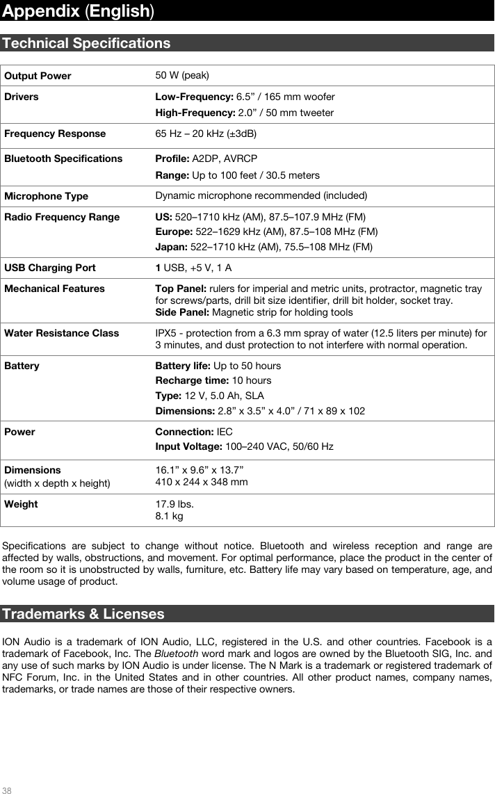   38  Appendix (English)  Technical Specifications  Output Power  50 W (peak) Drivers Low-Frequency: 6.5” / 165 mm woofer High-Frequency: 2.0” / 50 mm tweeter Frequency Response  65 Hz – 20 kHz (±3dB)Bluetooth Specifications  Profile: A2DP, AVRCP Range: Up to 100 feet / 30.5 meters Microphone Type  Dynamic microphone recommended (included) Radio Frequency Range  US: 520–1710 kHz (AM), 87.5–107.9 MHz (FM) Europe: 522–1629 kHz (AM), 87.5–108 MHz (FM) Japan: 522–1710 kHz (AM), 75.5–108 MHz (FM)  USB Charging Port  1 USB, +5 V, 1 A Mechanical Features  Top Panel: rulers for imperial and metric units, protractor, magnetic tray for screws/parts, drill bit size identifier, drill bit holder, socket tray. Side Panel: Magnetic strip for holding tools Water Resistance Class  IPX5 - protection from a 6.3 mm spray of water (12.5 liters per minute) for 3 minutes, and dust protection to not interfere with normal operation.  Battery Battery life: Up to 50 hours Recharge time: 10 hours Type: 12 V, 5.0 Ah, SLA Dimensions: 2.8” x 3.5” x 4.0” / 71 x 89 x 102 Power Connection: IEC Input Voltage: 100–240 VAC, 50/60 Hz  Dimensions (width x depth x height) 16.1” x 9.6” x 13.7” 410 x 244 x 348 mm Weight  17.9 lbs. 8.1 kg  Specifications are subject to change without notice. Bluetooth and wireless reception and range are affected by walls, obstructions, and movement. For optimal performance, place the product in the center of the room so it is unobstructed by walls, furniture, etc. Battery life may vary based on temperature, age, and volume usage of product.  Trademarks &amp; Licenses  ION Audio is a trademark of ION Audio, LLC, registered in the U.S. and other countries. Facebook is a trademark of Facebook, Inc. The Bluetooth word mark and logos are owned by the Bluetooth SIG, Inc. and any use of such marks by ION Audio is under license. The N Mark is a trademark or registered trademark of NFC Forum, Inc. in the United States and in other countries. All other product names, company names, trademarks, or trade names are those of their respective owners. 