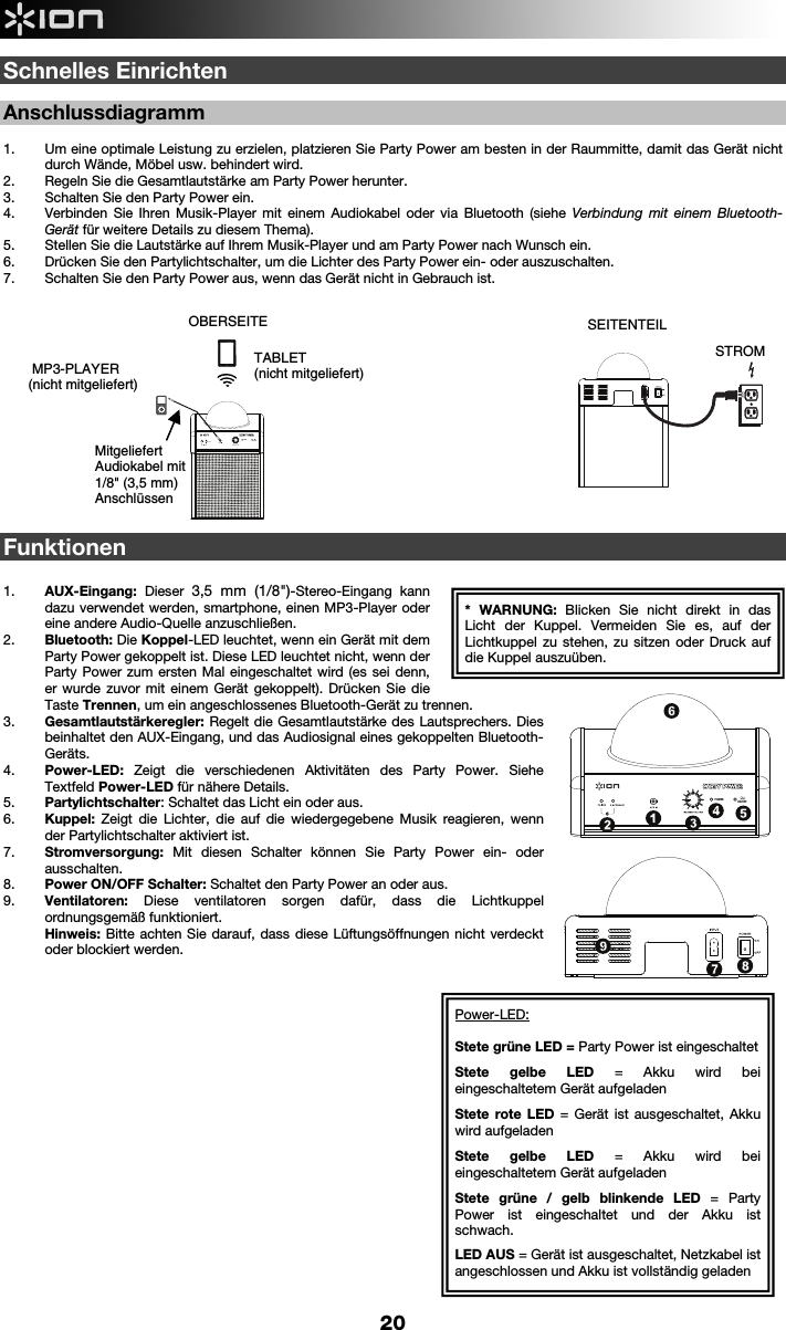  20 ON/OFFPOWERSchnelles Einrichten  Anschlussdiagramm    1. Um eine optimale Leistung zu erzielen, platzieren Sie Party Power am besten in der Raummitte, damit das Gerät nicht durch Wände, Möbel usw. behindert wird.  2. Regeln Sie die Gesamtlautstärke am Party Power herunter.  3. Schalten Sie den Party Power ein.  4. Verbinden Sie Ihren Musik-Player mit einem Audiokabel oder via Bluetooth (siehe Verbindung mit einem Bluetooth-Gerät für weitere Details zu diesem Thema). 5. Stellen Sie die Lautstärke auf Ihrem Musik-Player und am Party Power nach Wunsch ein.  6. Drücken Sie den Partylichtschalter, um die Lichter des Party Power ein- oder auszuschalten.  7. Schalten Sie den Party Power aus, wenn das Gerät nicht in Gebrauch ist.                    Funktionen    1. AUX-Eingang:  Dieser  3,5 mm (1/8&quot;)-Stereo-Eingang kann dazu verwendet werden, smartphone, einen MP3-Player oder eine andere Audio-Quelle anzuschließen.   2. Bluetooth: Die Koppel-LED leuchtet, wenn ein Gerät mit dem Party Power gekoppelt ist. Diese LED leuchtet nicht, wenn der Party Power zum ersten Mal eingeschaltet wird (es sei denn, er wurde zuvor mit einem Gerät gekoppelt). Drücken Sie die Taste Trennen, um ein angeschlossenes Bluetooth-Gerät zu trennen.   3. Gesamtlautstärkeregler: Regelt die Gesamtlautstärke des Lautsprechers. Dies beinhaltet den AUX-Eingang, und das Audiosignal eines gekoppelten Bluetooth-Geräts. 4. Power-LED:  Zeigt die verschiedenen Aktivitäten des Party Power. Siehe Textfeld Power-LED für nähere Details. 5. Partylichtschalter: Schaltet das Licht ein oder aus. 6. Kuppel: Zeigt die Lichter, die auf die wiedergegebene Musik reagieren, wenn der Partylichtschalter aktiviert ist. 7. Stromversorgung: Mit diesen Schalter können Sie Party Power ein- oder ausschalten.      8. Power ON/OFF Schalter: Schaltet den Party Power an oder aus.   9. Ventilatoren:  Diese ventilatoren sorgen dafür, dass die Lichtkuppel ordnungsgemäß funktioniert.  Hinweis: Bitte achten Sie darauf, dass diese Lüftungsöffnungen nicht verdeckt oder blockiert werden.                            OBERSEITE SEITENTEIL               STROM MP3-PLAYER  (nicht mitgeliefert)  * WARNUNG: Blicken Sie nicht direkt in das Licht der Kuppel. Vermeiden Sie es, auf der Lichtkuppel zu stehen, zu sitzen oder Druck auf die Kuppel auszuüben. Mitgeliefert Audiokabel mit  1/8&quot; (3,5 mm) Anschlüssen TABLET(nicht mitgeliefert) 1234567896789ON/OFFPOWER12345Power-LED: Stete grüne LED = Party Power ist eingeschaltet Stete gelbe LED = Akku wird bei eingeschaltetem Gerät aufgeladen Stete rote LED = Gerät ist ausgeschaltet, Akku wird aufgeladen Stete gelbe LED = Akku wird bei eingeschaltetem Gerät aufgeladen Stete grüne / gelb blinkende LED = Party Power ist eingeschaltet und der Akku ist schwach.  LED AUS = Gerät ist ausgeschaltet, Netzkabel ist angeschlossen und Akku ist vollständig geladen  