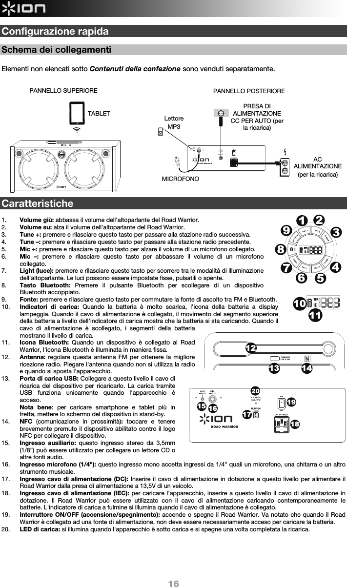  16 13.5V DCConfigurazione rapida   Schema dei collegamenti  Elementi non elencati sotto Contenuti della confezione sono venduti separatamente.                   Caratteristiche  1. Volume giù: abbassa il volume dell&apos;altoparlante del Road Warrior.   2. Volume su: alza il volume dell&apos;altoparlante del Road Warrior. 3. Tune +: premere e rilasciare questo tasto per passare alla stazione radio successiva.  4. Tune –: premere e rilasciare questo tasto per passare alla stazione radio precedente.  5. Mic +: premere e rilasciare questo tasto per alzare il volume di un microfono collegato. 6. Mic –: premere e rilasciare questo tasto per abbassare il volume di un microfono collegato. 7. Light (luce): premere e rilasciare questo tasto per scorrere tra le modalità di illuminazione dell&apos;altoparlante. Le luci possono essere impostate fisse, pulsatili o spente.  8. Tasto Bluetooth: Premere il pulsante Bluetooth per scollegare di un dispositivo Bluetooth accoppiato. 9. Fonte: premere e rilasciare questo tasto per commutare la fonte di ascolto tra FM e Bluetooth. 10. Indicatori di carica: Quando la batteria è molto scarica, l’icona della batteria a display lampeggia. Quando il cavo di alimentazione è collegato, il movimento del segmento superiore della batteria a livello dell&apos;indicatore di carica mostra che la batteria si sta caricando. Quando il cavo di alimentazione è scollegato, i segmenti della batteria mostrano il livello di carica.    11. Icona Bluetooth: Quando un dispositivo è collegato al Road Warrior, l&apos;icona Bluetooth è illuminata in maniera fissa.  12. Antenna: regolare questa antenna FM per ottenere la migliore ricezione radio. Piegare l&apos;antenna quando non si utilizza la radio e quando si sposta l&apos;apparecchio.  13. Porta di carica USB: Collegare a questo livello il cavo di ricarica del dispositivo per ricaricarlo. La carica tramite USB funziona unicamente quando l&apos;apparecchio è acceso.  Nota bene: per caricare smartphone e tablet più in fretta, mettere lo schermo del dispositivo in stand-by. 14. NFC  (comunicazione in prossimità): toccare e tenere brevemente premuto il dispositivo abilitato contro il logo NFC per collegare il dispositivo. 15. Ingresso ausiliario: questo ingresso stereo da 3,5mm (1/8”) può essere utilizzato per collegare un lettore CD o altre fonti audio.    16. Ingresso microfono (1/4&quot;): questo ingresso mono accetta ingressi da 1/4&quot; quali un microfono, una chitarra o un altro strumento musicale.  17. Ingresso cavo di alimentazione (DC): Inserire il cavo di alimentazione in dotazione a questo livello per alimentare il Road Warrior dalla presa di alimentazione a 13,5V di un veicolo.  18. Ingresso cavo di alimentazione (IEC): per caricare l’apparecchio, inserire a questo livello il cavo di alimentazione in dotazione. Il Road Warrior può essere utilizzato con il cavo di alimentazione caricando contemporaneamente le batterie. L&apos;indicatore di carica a fulmine si illumina quando il cavo di alimentazione è collegato. 19. Interruttore ON/OFF (accensione/spegnimento): accende o spegne il Road Warrior. Va notato che quando il Road Warrior è collegato ad una fonte di alimentazione, non deve essere necessariamente acceso per caricare la batteria.  20. LED di carica: si illumina quando l&apos;apparecchio è sotto carica e si spegne una volta completata la ricarica.      PANNELLO POSTERIOREAC  ALIMENTAZIONE (per la ricarica) PANNELLO SUPERIORE MICROFONOLettoreMP3 TABLET PRESA DI ALIMENTAZIONE CC PER AUTO (per la ricarica) 1213 14123456789101115 161719182013.5V DC