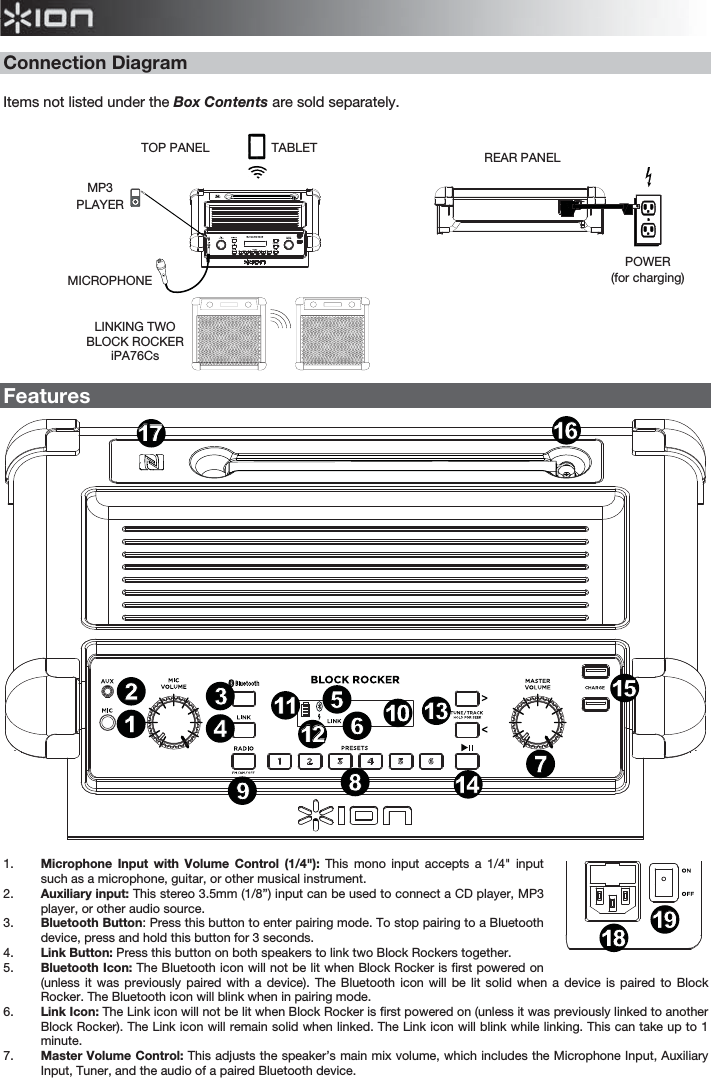  4 Connection Diagram  Items not listed under the Box Contents are sold separately.                    Features  1. Microphone Input with Volume Control (1/4&quot;): This mono input accepts a 1/4&quot; input such as a microphone, guitar, or other musical instrument. 2. Auxiliary input: This stereo 3.5mm (1/8”) input can be used to connect a CD player, MP3 player, or other audio source.    3. Bluetooth Button: Press this button to enter pairing mode. To stop pairing to a Bluetooth device, press and hold this button for 3 seconds.  4. Link Button: Press this button on both speakers to link two Block Rockers together.  5. Bluetooth Icon: The Bluetooth icon will not be lit when Block Rocker is first powered on (unless it was previously paired with a device). The Bluetooth icon will be lit solid when a device is paired to Block Rocker. The Bluetooth icon will blink when in pairing mode. 6. Link Icon: The Link icon will not be lit when Block Rocker is first powered on (unless it was previously linked to another Block Rocker). The Link icon will remain solid when linked. The Link icon will blink while linking. This can take up to 1 minute.  7. Master Volume Control: This adjusts the speaker’s main mix volume, which includes the Microphone Input, Auxiliary Input, Tuner, and the audio of a paired Bluetooth device.        REAR PANEL POWER (for charging) TOP PANEL MICROPHONE MP3 PLAYER TABLET LINKING TWOBLOCK ROCKER iPA76Cs123478910 1314151717181916165611111212123478910 1314151718191916561112