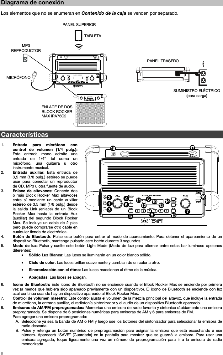   8 LINKLINK Diagrama de conexión  Los elementos que no se enumeran en Contenido de la caja se venden por separado.                             Características  1. Entrada para micrófono con control de volumen (1/4 pulg.): Esta entrada mono admite una entrada de 1/4&quot; tal como un micrófono, una guitarra u otro instrumento musical. 2. Entrada auxiliar: Esta entrada de 3,5 mm (1/8 pulg.) estéreo se puede usar para conectar un reproductor de CD, MP3 u otra fuente de audio.   3. Enlace de altavoces: Conecte dos o más Block Rocker Max altavoces entre sí mediante un cable auxiliar estéreo de 3,5 mm (1/8 pulg.) desde la salida Link (enlace) de un Block Rocker Max hasta la entrada Aux (auxiliar) del segundo Block Rocker Max. Se incluye un cable de 2 pies pero puede comprarse otro cable en cualquier tienda de electrónica.  4. Botón de Bluetooth: Pulse este botón para entrar al modo de apareamiento. Para detener el apareamiento de un dispositivo Bluetooth, mantenga pulsado este botón durante 3 segundos.  5. Modo de luz: Pulse y suelte este botón Light Mode (Modo de luz) para alternar entre estas bar luminoso opciones diferentes:  •     Sólido Luz Blanca: Las luces se iluminarán en un color blanco sólido.     •     Ciclo de color: Las luces brillan suavemente y cambian de un color a otro.  •     Sincronización con el ritmo: Las luces reaccionan al ritmo de la música. •     Apagadas: Las luces se apagan. 6. Icono de Bluetooth: Este icono de Bluetooth no se enciende cuando el Block Rocker Max se enciende por primera vez (a menos que hubiera sido apareado previamente con un dispositivo). El icono de Bluetooth se enciende con luz azul continua cuando hay un dispositivo apareado al Block Rocker Max.  7. Control de volumen maestro: Este control ajusta el volumen de la mezcla principal del altavoz, que incluye la entrada de micrófono, la entrada auxiliar, el radiofonía sintonizador y el audio de un dispositivo Bluetooth apareado.   8. Emisoras de AM/FM preprogramadas: Memorice una emisora de radio favorita y sintonice rápidamente una emisora preprogramada. Se dispone de 6 posiciones numéricas para emisoras de AM y 6 para emisoras de FM.  Para agregar una emisora preprogramada: A. Seleccione ya sea la banda de AM o FM y luego use los botones del sintonizador para seleccionar la emisora de radio deseada. B. Pulse y retenga un botón numérico de preprogramación para asignar la emisora que está escuchando a ese número. Aparecerá “SAVE” (Guardada) en la pantalla para mostrar que se guardó la emisora. Para usar una emisora agregada, toque ligeramente una vez un número de preprogramación para ir a la emisora de radio memorizada. PANEL TRASERO SUMINISTRO ELÉCTRICO (para carga) PANEL SUPERIOR MICRÓFONO  MP3 REPRODUCTOR TABLETA ENLACE DE DOS BLOCK ROCKER MAX iPA76C2 12457891010141415151616181819201717611111212LINK31313