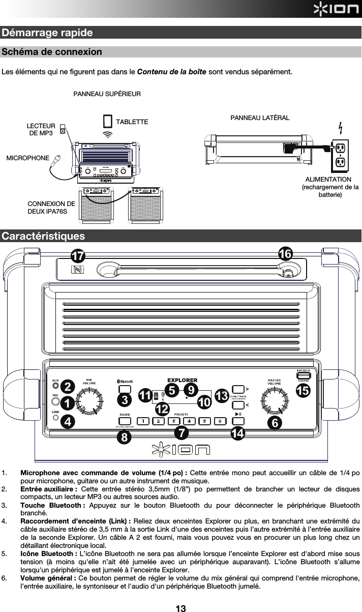  13 LINKLINK LINKDémarrage rapide   Schéma de connexion  Les éléments qui ne figurent pas dans le Contenu de la boîte sont vendus séparément.                       Caractéristiques         1. Microphone avec commande de volume (1/4 po) : Cette entrée mono peut accueillir un câble de 1/4 po pour microphone, guitare ou un autre instrument de musique.  2. Entrée auxiliaire :  Cette entrée stéréo 3,5mm (1/8”) po permettent de brancher un lecteur de disques compacts, un lecteur MP3 ou autres sources audio.   3. Touche Bluetooth : Appuyez sur le bouton Bluetooth du pour déconnecter le périphérique Bluetooth branché.  4. Raccordement d’enceinte (Link) : Reliez deux enceintes Explorer ou plus, en branchant une extrémité du câble auxiliaire stéréo de 3,5 mm à la sortie Link d&apos;une des enceintes puis l’autre extrémité à l’entrée auxiliaire de la seconde Explorer. Un câble A 2 est fourni, mais vous pouvez vous en procurer un plus long chez un détaillant électronique local.    5. Icône Bluetooth : L’icône Bluetooth ne sera pas allumée lorsque l’enceinte Explorer est d&apos;abord mise sous tension (à moins qu&apos;elle n’ait été jumelée avec un périphérique auparavant). L’icône Bluetooth s’allume lorsqu&apos;un périphérique est jumelé à l’enceinte Explorer.  6. Volume général : Ce bouton permet de régler le volume du mix général qui comprend l&apos;entrée microphone, l’entrée auxiliaire, le syntoniseur et l&apos;audio d&apos;un périphérique Bluetooth jumelé.  PANNEAU SUPÉRIEUR MICROPHONE  PANNEAU LATÉRAL     ALIMENTATION (rechargement de la batterie) LECTEUR DE MP3 TABLETTE CONNEXION DE DEUX iPA76S  LINK123467891313141416161717181515512121010111119