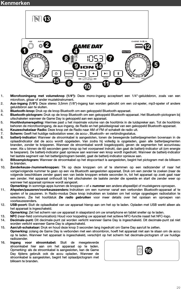   29     Kenmerken  1. Microfooningang met volumeknop (1/4&quot;): Deze mono-ingang accepteert een 1/4&quot;-geluidsbron, zoals van een microfoon, gitaar of ander muziekinstrument.  2. Aux-ingang (1/8&quot;): Deze stereo 3,5mm (1/8&quot;)-ingang kan worden gebruikt om een cd-speler, mp3-speler of andere geluidsbron aan te sluiten.    3. Bluetooth-knop: Druk op de knop Bluetooth om een gekoppeld Bluetooth-apparaat. 4. Bluetooth-pictogram: Druk op de knop Bluetooth om een gekoppeld Bluetooth-apparaat. Het Bluetooth-pictogram bij uitschakelen wanneer de Game Day is gekoppeld aan een apparaat. 5. Hoofdvolumeregeling: Hiermee past u het maximale volume van de hoofdmix in de luidspreker aan. Tot de hoofdmix behoren de microfooningang, de aux-ingang, de Radio en het geluidssignaal van een gekoppeld Bluetooth-apparaat.  6. Keuzeschakelaar Radio: Deze knop zet de Radio naar AM of FM of schakelt de radio uit.  7. Scherm: Geeft het huidige radiostation weer, de accu-, Bluetooth- en verbindingsstatus. 8. batterij-indicator: Wanneer de stroomkabel is aangesloten, tonen de bewegende batterijsegmenten bovenaan in de oplaadindicator dat de accu wordt opgeladen. Van zodra hij volledig is opgeladen, gaan alle batterijsegmenten branden, zonder te knipperen. Wanneer de stroomkabel wordt losgekoppeld, geven de segmenten het accuniveau weer. Als u binnen de 60 seconden geen knop op het voorpaneel indrukt, dan gaat de batterij-indicator uit (om energie te besparen). De batterij-indicator gaat opnieuw aan wanneer een knop wordt ingedrukt. Wanneer de batterij-indicator het laatste segment van het batterijpictogram bereikt, gaat de batterij-indicator opnieuw aan. 9. Bliksempictogram: Wanneer de stroomkabel op het stopcontact is aangesloten, begint het pictogram met de bliksem te branden. 10. Zenderkeuze-/nummerknoppen:  Tik op deze knoppen om af te stemmen op een radiozender of naar het vorige/volgende nummer te gaan op een via Bluetooth aangesloten apparaat. Druk om een zender te zoeken (naar de volgende beschikbare zender gaan) een van beide knoppen enkele seconden in, tot het apparaat op zoek gaat naar een zender. Het apparaat onthoudt bij het uitschakelen de laatste zender die speelde en start die zender weer op wanneer het apparaat opnieuw wordt aangezet. Opmerking: In sommige apps kunnen de knoppen – of + nummer een andere afspeellijst of muziekgenre oproepen.  11. Afspelen/pauzeren/voorkeuzezenders: Indrukken om een nummer vanaf een verbonden Bluetooth-apparaat af te spelen of te pauzeren. In Radio-modus Deze knop indrukken en loslaten om het vorige opgeslagen radiostation te selecteren. Zie het hoofdstuk De radio gebruiken voor meer details over het opslaan en oproepen van voorkeuzezenders.   12. USB-poort: Sluit de oplaadkabel van uw apparaat hierop aan om het op te laden. Opladen met USB werkt alleen als het apparaat is ingeschakeld.  Opmerking: Zet het scherm van uw apparaat in slaapstand om uw smartphone en tablet sneller op te laden. 13. NFC (near-field communication): Houd voor koppeling uw apparaat met actieve NFC-functie naast het NFC-logo. 14. Decimale-punt: Dit decimale-punt zal worden verlicht wanneer Game Day is ingeschakeld. Dit decimale-punt zal niet worden verlicht wanneer Game Day is uitgeschakeld. 15. Aan/uit-schakelaar: Druk en houd deze knop 3 seconden lang ingedrukt om Game Day aan/uit te zetten. Opmerking: zolang de Game Day is verbonden met een stroombron, hoeft het apparaat niet aan te staan om de accu op te laden. Wanneer het apparaat is ingeschakeld, verschijnt op het scherm het decimale-pictogram of uw huidige radiozender. 16. Ingang voor stroomkabel: Sluit de meegeleverde stroomkabel hier aan om het apparaat op te laden. Opmerking: als de stroomkabel is aangesloten, kan de Game Day tijdens gebruik ook de accu opladen. Wanneer de stroomkabel is aangesloten, begint het oplaadpictogram met bliksem te branden.                           1234789101056111112121313141415151616