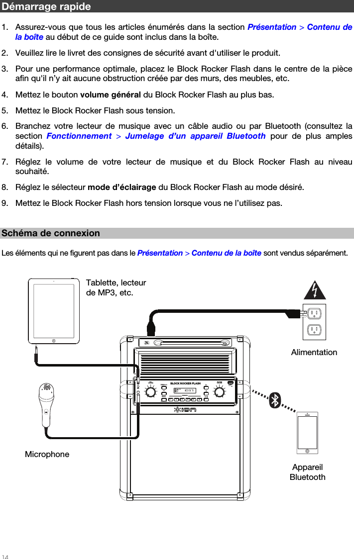   14   Démarrage rapide   1. Assurez-vous que tous les articles énumérés dans la section Présentation &gt; Contenu de la boîte au début de ce guide sont inclus dans la boîte. 2. Veuillez lire le livret des consignes de sécurité avant d&apos;utiliser le produit. 3. Pour une performance optimale, placez le Block Rocker Flash dans le centre de la pièce afin qu&apos;il n’y ait aucune obstruction créée par des murs, des meubles, etc. 4. Mettez le bouton volume général du Block Rocker Flash au plus bas. 5. Mettez le Block Rocker Flash sous tension. 6. Branchez votre lecteur de musique avec un câble audio ou par Bluetooth (consultez la section  Fonctionnement &gt; Jumelage d’un appareil Bluetooth pour de plus amples détails). 7. Réglez le volume de votre lecteur de musique et du Block Rocker Flash au niveau souhaité. 8. Réglez le sélecteur mode d’éclairage du Block Rocker Flash au mode désiré. 9. Mettez le Block Rocker Flash hors tension lorsque vous ne l’utilisez pas.   Schéma de connexion  Les éléments qui ne figurent pas dans le Présentation &gt; Contenu de la boîte sont vendus séparément.     Appareil Bluetooth Alimentation Microphone Tablette, lecteur de MP3, etc. BLOCK ROCKER FLASHPRESETS MASTERVOLUMEMICVOLUMEMICAUXLINKUSB5V/1ARADIOFM/AM/OFF