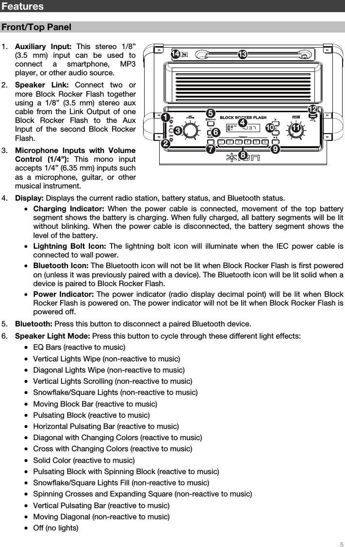   5   Features  Front/Top Panel  1. Auxiliary Input: This stereo 1/8” (3.5 mm) input can be used to connect a smartphone, MP3 player, or other audio source. 2. Speaker Link: Connect two or more Block Rocker Flash together using a 1/8” (3.5 mm) stereo aux cable from the Link Output of one Block Rocker Flash to the Aux Input of the second Block Rocker Flash. 3. Microphone Inputs with Volume Control (1/4”): This mono input accepts 1/4” (6.35 mm) inputs such as a microphone, guitar, or other musical instrument. 4. Display: Displays the current radio station, battery status, and Bluetooth status. • Charging Indicator: When the power cable is connected, movement of the top battery segment shows the battery is charging. When fully charged, all battery segments will be lit without blinking. When the power cable is disconnected, the battery segment shows the level of the battery. • Lightning Bolt Icon: The lightning bolt icon will illuminate when the IEC power cable is connected to wall power. • Bluetooth Icon: The Bluetooth icon will not be lit when Block Rocker Flash is first powered on (unless it was previously paired with a device). The Bluetooth icon will be lit solid when a device is paired to Block Rocker Flash. • Power Indicator: The power indicator (radio display decimal point) will be lit when Block Rocker Flash is powered on. The power indicator will not be lit when Block Rocker Flash is powered off. 5. Bluetooth: Press this button to disconnect a paired Bluetooth device. 6. Speaker Light Mode: Press this button to cycle through these different light effects: • EQ Bars (reactive to music) • Vertical Lights Wipe (non-reactive to music) • Diagonal Lights Wipe (non-reactive to music) • Vertical Lights Scrolling (non-reactive to music) • Snowflake/Square Lights (non-reactive to music) • Moving Block Bar (reactive to music) • Pulsating Block (reactive to music) • Horizontal Pulsating Bar (reactive to music) • Diagonal with Changing Colors (reactive to music) • Cross with Changing Colors (reactive to music) • Solid Color (reactive to music) • Pulsating Block with Spinning Block (reactive to music) • Snowflake/Square Lights Fill (non-reactive to music) • Spinning Crosses and Expanding Square (non-reactive to music) • Vertical Pulsating Bar (reactive to music) • Moving Diagonal (non-reactive to music) • Off (no lights) BLOCK ROCKER FLASHPRESETSRADIO MASTERVOLUM EMICVOLUM EMICAUXLINKUSB5V/1AFM/AM /OFF1253467891011121314