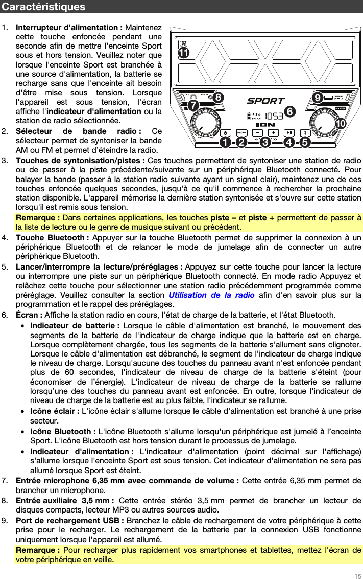   15   Caractéristiques  1. Interrupteur d&apos;alimentation : Maintenez cette touche enfoncée pendant une seconde afin de mettre l&apos;enceinte Sport sous et hors tension. Veuillez noter que lorsque l&apos;enceinte Sport est branchée à une source d&apos;alimentation, la batterie se recharge sans que l&apos;enceinte ait besoin d&apos;être mise sous tension. Lorsque l&apos;appareil est sous tension, l&apos;écran affiche l&apos;indicateur d&apos;alimentation ou la station de radio sélectionnée. 2. Sélecteur de bande radio : Ce sélecteur permet de syntoniser la bande AM ou FM et permet d’éteindre la radio. 3. Touches de syntonisation/pistes : Ces touches permettent de syntoniser une station de radio ou de passer à la piste précédente/suivante sur un périphérique Bluetooth connecté. Pour balayer la bande (passer à la station radio suivante ayant un signal clair), maintenez une de ces touches enfoncée quelques secondes, jusqu&apos;à ce qu&apos;il commence à rechercher la prochaine station disponible. L&apos;appareil mémorise la dernière station syntonisée et s&apos;ouvre sur cette station lorsqu&apos;il est remis sous tension. Remarque : Dans certaines applications, les touches piste – et piste + permettent de passer à la liste de lecture ou le genre de musique suivant ou précédent.     4. Touche Bluetooth : Appuyer sur la touche Bluetooth permet de supprimer la connexion à un périphérique Bluetooth et de relancer le mode de jumelage afin de connecter un autre périphérique Bluetooth.  5. Lancer/interrompre la lecture/préréglages : Appuyez sur cette touche pour lancer la lecture ou interrompre une piste sur un périphérique Bluetooth connecté. En mode radio Appuyez et relâchez cette touche pour sélectionner une station radio précédemment programmée comme préréglage. Veuillez consulter la section Utilisation de la radio afin d&apos;en savoir plus sur la programmation et le rappel des préréglages. 6. Écran : Affiche la station radio en cours, l&apos;état de charge de la batterie, et l&apos;état Bluetooth. • Indicateur de batterie : Lorsque le câble d&apos;alimentation est branché, le mouvement des segments de la batterie de l&apos;indicateur de charge indique que la batterie est en charge. Lorsque complètement chargée, tous les segments de la batterie s&apos;allument sans clignoter. Lorsque le câble d&apos;alimentation est débranché, le segment de l&apos;indicateur de charge indique le niveau de charge. Lorsqu&apos;aucune des touches du panneau avant n&apos;est enfoncée pendant plus de 60 secondes, l&apos;indicateur de niveau de charge de la batterie s&apos;éteint (pour économiser de l’énergie). L&apos;indicateur de niveau de charge de la batterie se rallume lorsqu’une des touches du panneau avant est enfoncée. En outre, lorsque l&apos;indicateur de niveau de charge de la batterie est au plus faible, l&apos;indicateur se rallume. • Icône éclair : L&apos;icône éclair s&apos;allume lorsque le câble d&apos;alimentation est branché à une prise secteur. • Icône Bluetooth : L&apos;icône Bluetooth s&apos;allume lorsqu&apos;un périphérique est jumelé à l’enceinte Sport. L&apos;icône Bluetooth est hors tension durant le processus de jumelage. • Indicateur d&apos;alimentation : L&apos;indicateur d&apos;alimentation (point décimal sur l&apos;affichage) s&apos;allume lorsque l&apos;enceinte Sport est sous tension. Cet indicateur d&apos;alimentation ne sera pas allumé lorsque Sport est éteint. 7. Entrée microphone 6,35 mm avec commande de volume : Cette entrée 6,35 mm permet de brancher un microphone. 8. Entrée auxiliaire  3,5 mm :  Cette entrée stéréo 3,5 mm permet de brancher un lecteur de disques compacts, lecteur MP3 ou autres sources audio. 9. Port de rechargement USB : Branchez le câble de rechargement de votre périphérique à cette prise pour le recharger. Le rechargement de la batterie par la connexion USB fonctionne uniquement lorsque l&apos;appareil est allumé. Remarque : Pour recharger plus rapidement vos smartphones et tablettes, mettez l&apos;écran de votre périphérique en veille. 1253467891011