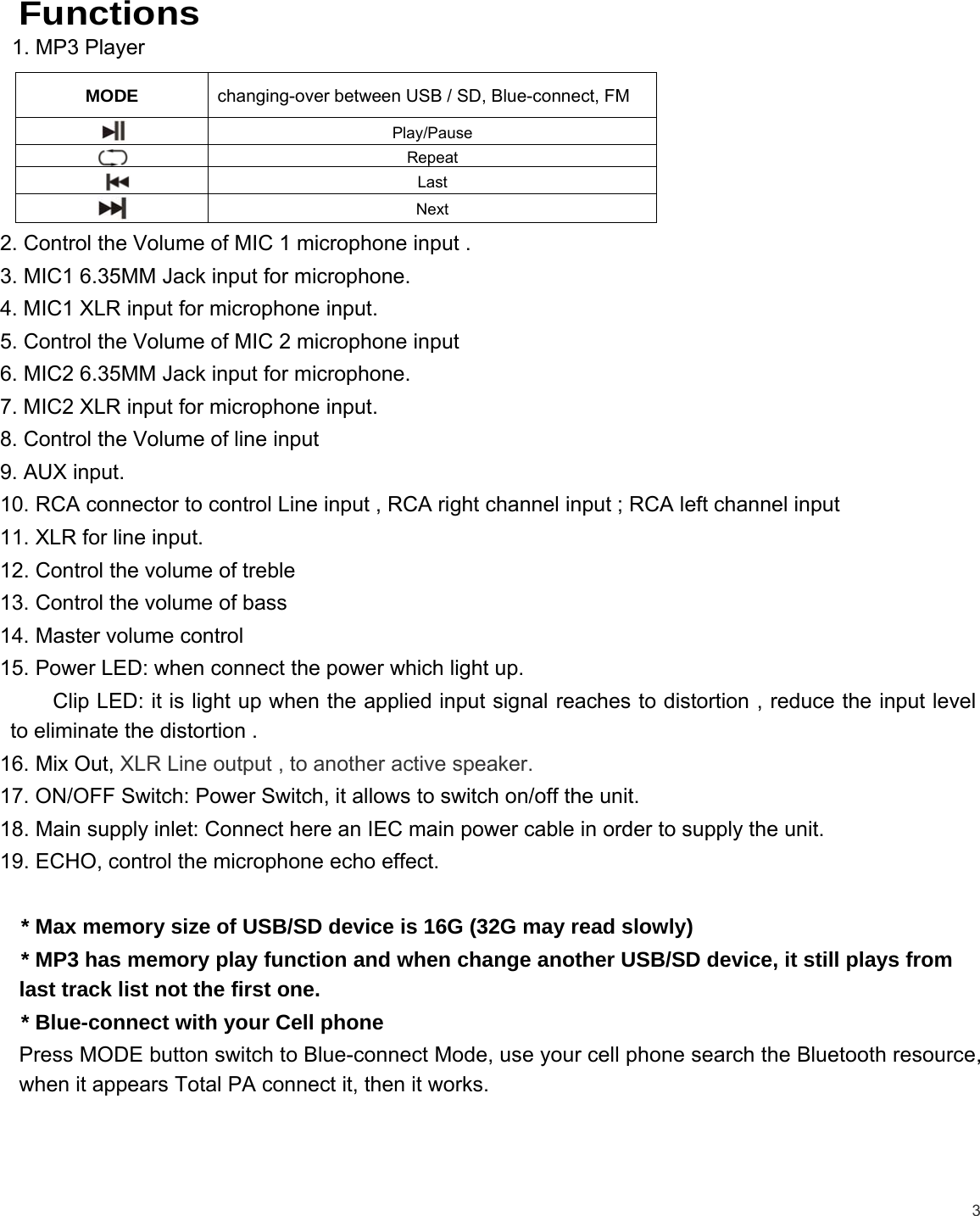 3Functions1. MP3 Player2. Control the Volume of MIC 1 microphone input .3. MIC1 6.35MM Jack input for microphone.4. MIC1 XLR input for microphone input.5. Control the Volume of MIC 2 microphone input6. MIC2 6.35MM Jack input for microphone.7. MIC2 XLR input for microphone input.8. Control the Volume of line input9. AUX input.10. RCA connector to control Line input , RCA right channel input ; RCA left channel input11. XLR for line input.12. Control the volume of treble13. Control the volume of bass14. Master volume control15. Power LED: when connect the power which light up.Clip LED: it is light up when the applied input signal reaches to distortion , reduce the input levelto eliminate the distortion .16. Mix Out, XLR Line output , to another active speaker.17. ON/OFF Switch: Power Switch, it allows to switch on/off the unit.18. Main supply inlet: Connect here an IEC main power cable in order to supply the unit.19. ECHO, control the microphone echo effect.* Max memory size of USB/SD device is 16G (32G may read slowly)* MP3 has memory play function and when change another USB/SD device, it still plays fromlast track list not the first one.* Blue-connect with your Cell phonePress MODE button switch to Blue-connect Mode, use your cell phone search the Bluetooth resource,when it appears Total PA connect it, then it works.MODE changing-over between USB / SD, Blue-connect, FMPlay/PauseRepeatLastNext