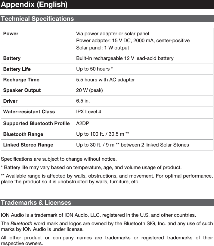    Appendix (English)  Technical Specifications  Power  Via power adapter or solar panel Power adapter: 15 V DC, 2000 mA, center-positive Solar panel: 1 W output Battery  Built-in rechargeable 12 V lead-acid battery Battery Life  Up to 50 hours * Recharge Time  5.5 hours with AC adapter Speaker Output  20 W (peak) Driver  6.5 in. Water-resistant Class  IPX Level 4 Supported Bluetooth Profile  A2DP Bluetooth Range  Up to 100 ft. / 30.5 m ** Linked Stereo Range  Up to 30 ft. / 9 m ** between 2 linked Solar Stones  Specifications are subject to change without notice. * Battery life may vary based on temperature, age, and volume usage of product. ** Available range is affected by walls, obstructions, and movement. For optimal performance, place the product so it is unobstructed by walls, furniture, etc.   Trademarks &amp; Licenses  ION Audio is a trademark of ION Audio, LLC, registered in the U.S. and other countries. The Bluetooth word mark and logos are owned by the Bluetooth SIG, Inc. and any use of such marks by ION Audio is under license. All other product or company names are trademarks or registered trademarks of their respective owners.                 
