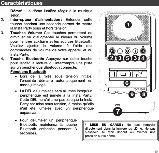   15        Caractéristiques   1. Dôme* :  Le dôme lumière réagir à la musique selon. 2. Interrupteur d’alimentation : Enfoncer cette touche pendant une seconde permet de mettre la Insta Party sous et hors tension.  3. Touches Volume: Ces touches permettent de diminuer ou d’augmenter le niveau du volume pour l&apos;entrée auxiliaire et les sources Bluetooth. Veuillez ajuster le volume à l&apos;aide des commandes de volume de votre appareil et du Insta Party.   4. Touche Bluetooth: Appuyez sur cette touche pour lancer la lecture ou interrompre une piste sur un périphérique Bluetooth connecté.  Fonctions Bluetooth • Lors de la mise sous tension initiale, l’enceinte démarre automatiquement en mode jumelage.  • La DEL de jumelage sera allumée lorsqu&apos;un périphérique est jumelé à la Insta Party. Cette DEL ne s’allume pas lorsque la Insta Party est mise sous tension, à moins qu&apos;elle n&apos;ait été jumelée avec un périphérique auparavant. • Pour déjumeler un périphérique Bluetooth, maintenez la touche Bluetooth enfoncée pendant 3 secondes.    * MISE EN GARDE : Ne pas regarder directement dans la lumière du dôme. Ne pas s&apos;asseoir, se tenir debout ou exercer une pression sur le dôme. AUXIN AUXOUT12343567891234356789