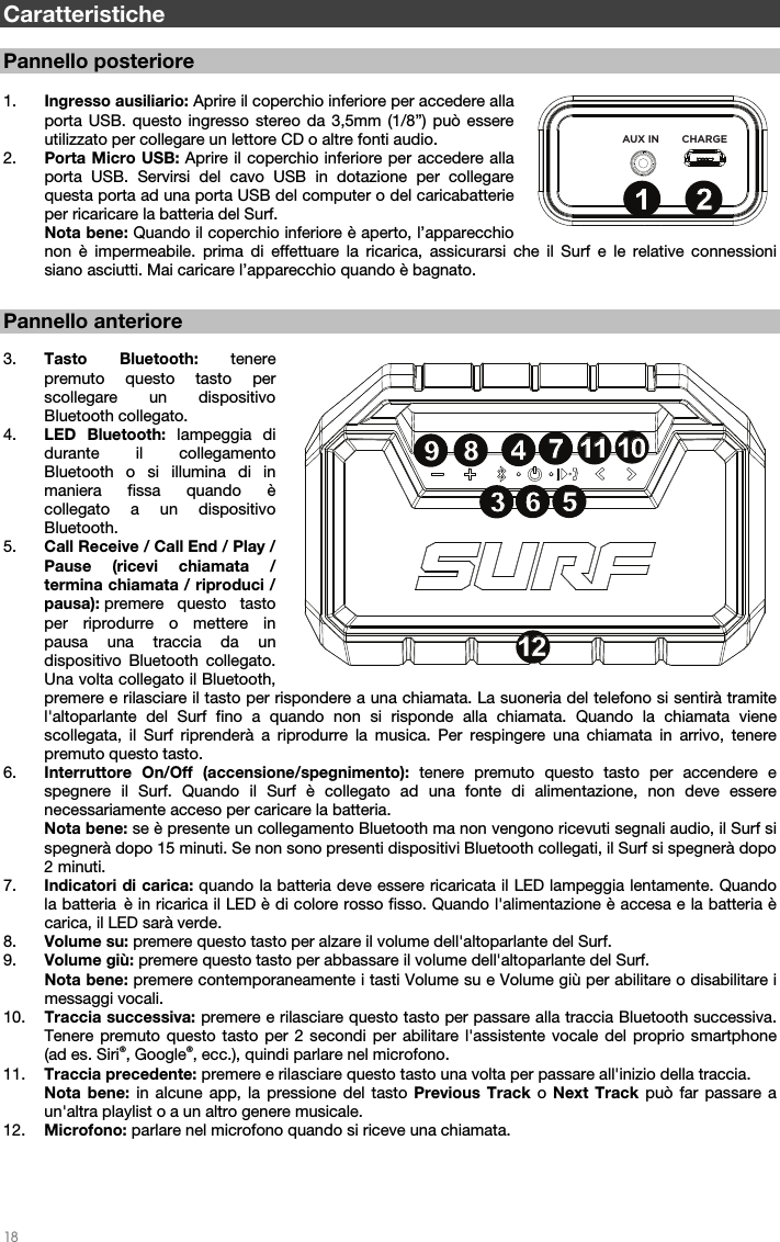   18   Caratteristiche  Pannello posteriore  1. Ingresso ausiliario: Aprire il coperchio inferiore per accedere alla porta USB. questo ingresso stereo da 3,5mm (1/8”) può essere utilizzato per collegare un lettore CD o altre fonti audio.   2. Porta Micro USB: Aprire il coperchio inferiore per accedere alla porta USB. Servirsi del cavo USB in dotazione per collegare questa porta ad una porta USB del computer o del caricabatterie per ricaricare la batteria del Surf.   Nota bene: Quando il coperchio inferiore è aperto, l’apparecchio non è impermeabile. prima di effettuare la ricarica, assicurarsi che il Surf e le relative connessioni siano asciutti. Mai caricare l’apparecchio quando è bagnato.    Pannello anteriore  3. Tasto Bluetooth: tenere premuto questo tasto per scollegare un dispositivo Bluetooth collegato.  4. LED Bluetooth: lampeggia di durante il collegamento Bluetooth o si illumina di in maniera fissa quando è collegato a un dispositivo Bluetooth.  5. Call Receive / Call End / Play / Pause (ricevi chiamata / termina chiamata / riproduci / pausa): premere questo tasto per riprodurre o mettere in pausa una traccia da un dispositivo Bluetooth collegato. Una volta collegato il Bluetooth, premere e rilasciare il tasto per rispondere a una chiamata. La suoneria del telefono si sentirà tramite l&apos;altoparlante del Surf fino a quando non si risponde alla chiamata. Quando la chiamata viene scollegata, il Surf riprenderà a riprodurre la musica. Per respingere una chiamata in arrivo, tenere premuto questo tasto. 6. Interruttore On/Off (accensione/spegnimento): tenere premuto questo tasto per accendere e spegnere il Surf. Quando il Surf è collegato ad una fonte di alimentazione, non deve essere necessariamente acceso per caricare la batteria.  Nota bene: se è presente un collegamento Bluetooth ma non vengono ricevuti segnali audio, il Surf si spegnerà dopo 15 minuti. Se non sono presenti dispositivi Bluetooth collegati, il Surf si spegnerà dopo 2 minuti.  7. Indicatori di carica: quando la batteria deve essere ricaricata il LED lampeggia lentamente. Quando la batteria è in ricarica il LED è di colore rosso fisso. Quando l&apos;alimentazione è accesa e la batteria è carica, il LED sarà verde. 8. Volume su: premere questo tasto per alzare il volume dell&apos;altoparlante del Surf. 9. Volume giù: premere questo tasto per abbassare il volume dell&apos;altoparlante del Surf.  Nota bene: premere contemporaneamente i tasti Volume su e Volume giù per abilitare o disabilitare i messaggi vocali.      10. Traccia successiva: premere e rilasciare questo tasto per passare alla traccia Bluetooth successiva. Tenere premuto questo tasto per 2 secondi per abilitare l&apos;assistente vocale del proprio smartphone (ad es. Siri®, Google®, ecc.), quindi parlare nel microfono.   11. Traccia precedente: premere e rilasciare questo tasto una volta per passare all&apos;inizio della traccia.  Nota bene: in alcune app, la pressione del tasto Previous Track o Next Track può far passare a un&apos;altra playlist o a un altro genere musicale.  12. Microfono: parlare nel microfono quando si riceve una chiamata.    AUX IN CHARGE3456789101112131234567891010111112121312