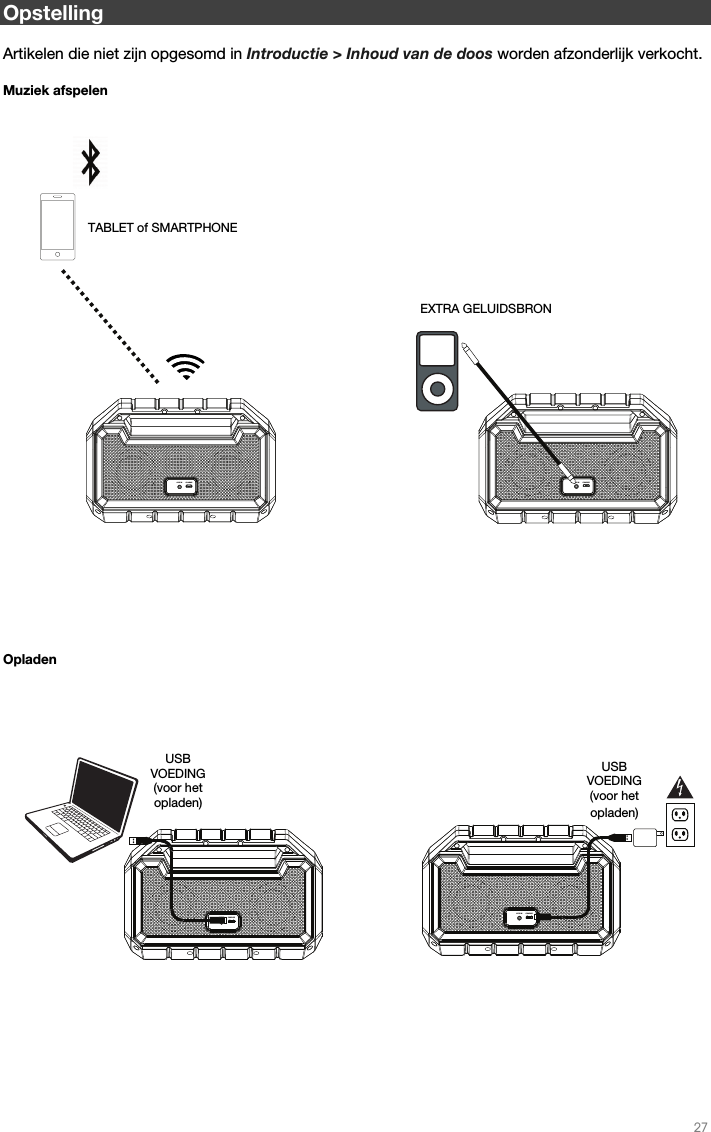   27  AUX IN CHARGEAUX IN CHARGEAUX IN CHARGEAUX IN CHARGE Opstelling  Artikelen die niet zijn opgesomd in Introductie &gt; Inhoud van de doos worden afzonderlijk verkocht.  Muziek afspelen                                        Opladen                                  EXTRA GELUIDSBRON TABLET of SMARTPHONE USB VOEDING (voor het opladen) USB VOEDING (voor het opladen)  