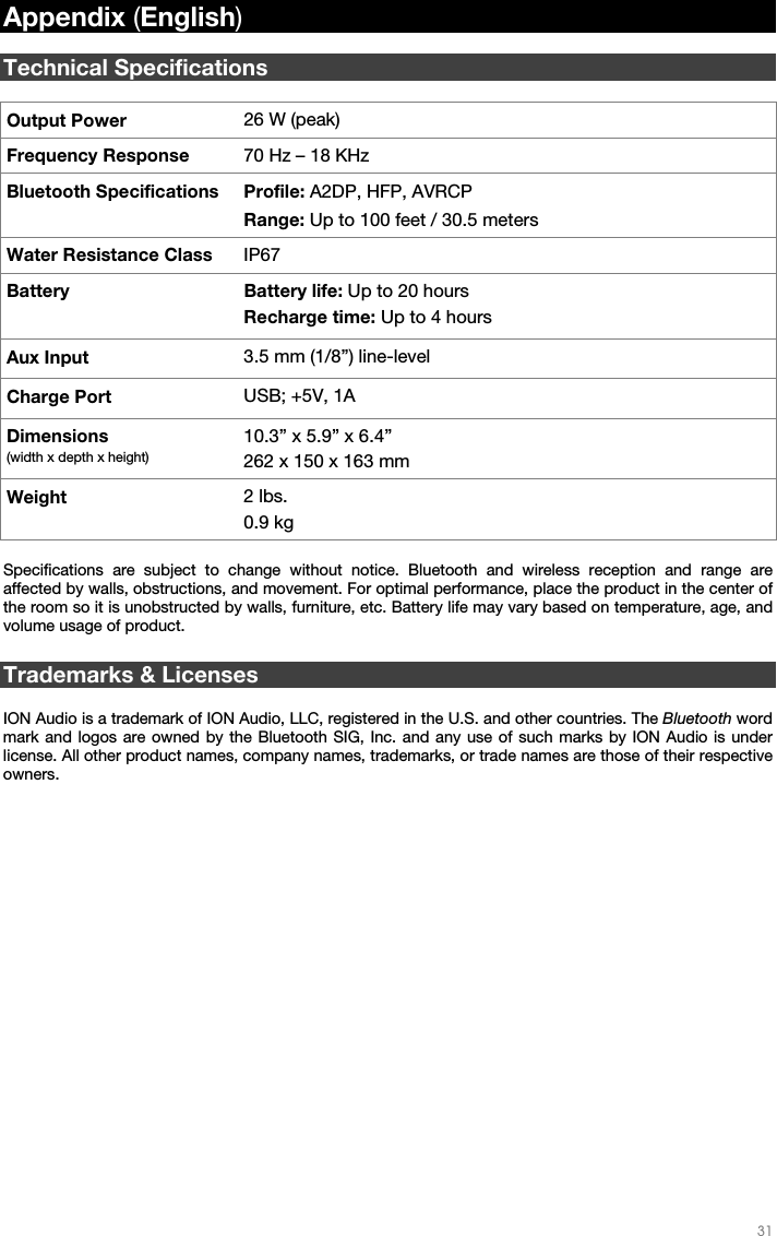   31   Appendix (English)  Technical Specifications  Output Power  26 W (peak)   Frequency Response  70 Hz – 18 KHz Bluetooth Specifications Profile: A2DP, HFP, AVRCP Range: Up to 100 feet / 30.5 meters Water Resistance Class  IP67 Battery Battery life: Up to 20 hours Recharge time: Up to 4 hours Aux Input  3.5 mm (1/8”) line-levelCharge Port  USB; +5V, 1A  Dimensions (width x depth x height) 10.3” x 5.9” x 6.4”  262 x 150 x 163 mm Weight  2 lbs. 0.9 kg  Specifications are subject to change without notice. Bluetooth and wireless reception and range are affected by walls, obstructions, and movement. For optimal performance, place the product in the center of the room so it is unobstructed by walls, furniture, etc. Battery life may vary based on temperature, age, and volume usage of product.  Trademarks &amp; Licenses  ION Audio is a trademark of ION Audio, LLC, registered in the U.S. and other countries. The Bluetooth word mark and logos are owned by the Bluetooth SIG, Inc. and any use of such marks by ION Audio is under license. All other product names, company names, trademarks, or trade names are those of their respective owners. 