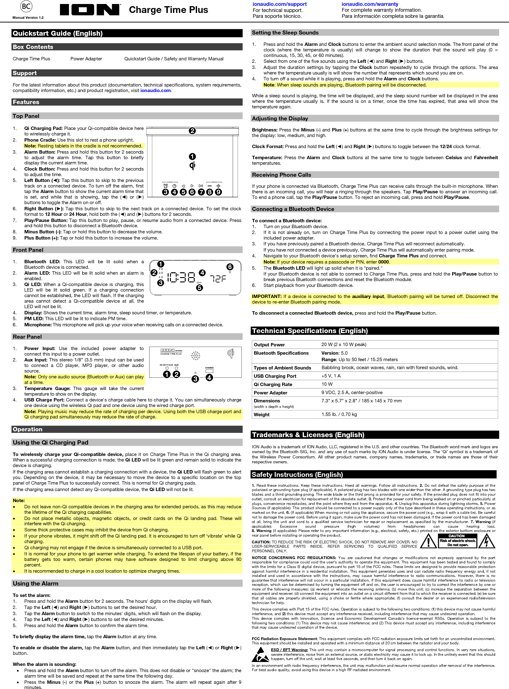 ION Audio ISP99SA ALARM CLOCK SPEAKER WITH WIRELESS CHARGING PAD User