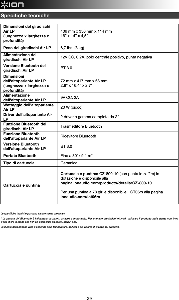  29   Specifiche tecniche  Dimensioni del giradischi Air LP  (lunghezza x larghezza x profondità) 406 mm x 356 mm x 114 mm  16” x 14” x 4,5” Peso del giradischi Air LP  6,7 lbs. (3 kg) Alimentazione del giradischi Air LP  12V CC, 0,2A, polo centrale positivo, punta negativa Versione Bluetooth del giradischi Air LP  BT 3.0 Dimensioni dell&apos;altoparlante Air LP (lunghezza x larghezza x profondità) 72 mm x 417 mm x 68 mm  2,8” x 16,4” x 2,7” Alimentazione dell&apos;altoparlante Air LP  9V CC, 2A Wattaggio dell&apos;altoparlante Air LP  20 W (picco) Driver dell&apos;altoparlante Air LP  2 driver a gamma completa da 2&quot; Funzione Bluetooth del giradischi Air LP  Trasmettitore Bluetooth Funzione Bluetooth dell&apos;altoparlante Air LP  Ricevitore Bluetooth Versione Bluetooth dell&apos;altoparlante Air LP  BT 3.0 Portata Bluetooth  Fino a 30&apos; / 9,1 m* Tipo di cartuccia Ceramica Cartuccia e puntina  Cartuccia e puntina: CZ-800-10 (con punta in zaffiro) in dotazione e disponibile alla pagina ionaudio.com/products/details/CZ-800-10.  Per una puntina a 78 giri è disponibile l&apos;iCT06rs alla pagina ionaudio.com/ict06rs.     Le specifiche tecniche possono variare senza preavviso. * La portata del Bluetooth è influenzata da pareti, ostacoli e movimento. Per ottenere prestazioni ottimali, collocare il prodotto nella stanza con linea d&apos;aria libera in modo che non sia ostacolato da pareti, mobili, ecc.  La durata della batteria varia a seconda della temperatura, dell’età e del volume di utilizzo del prodotto.  