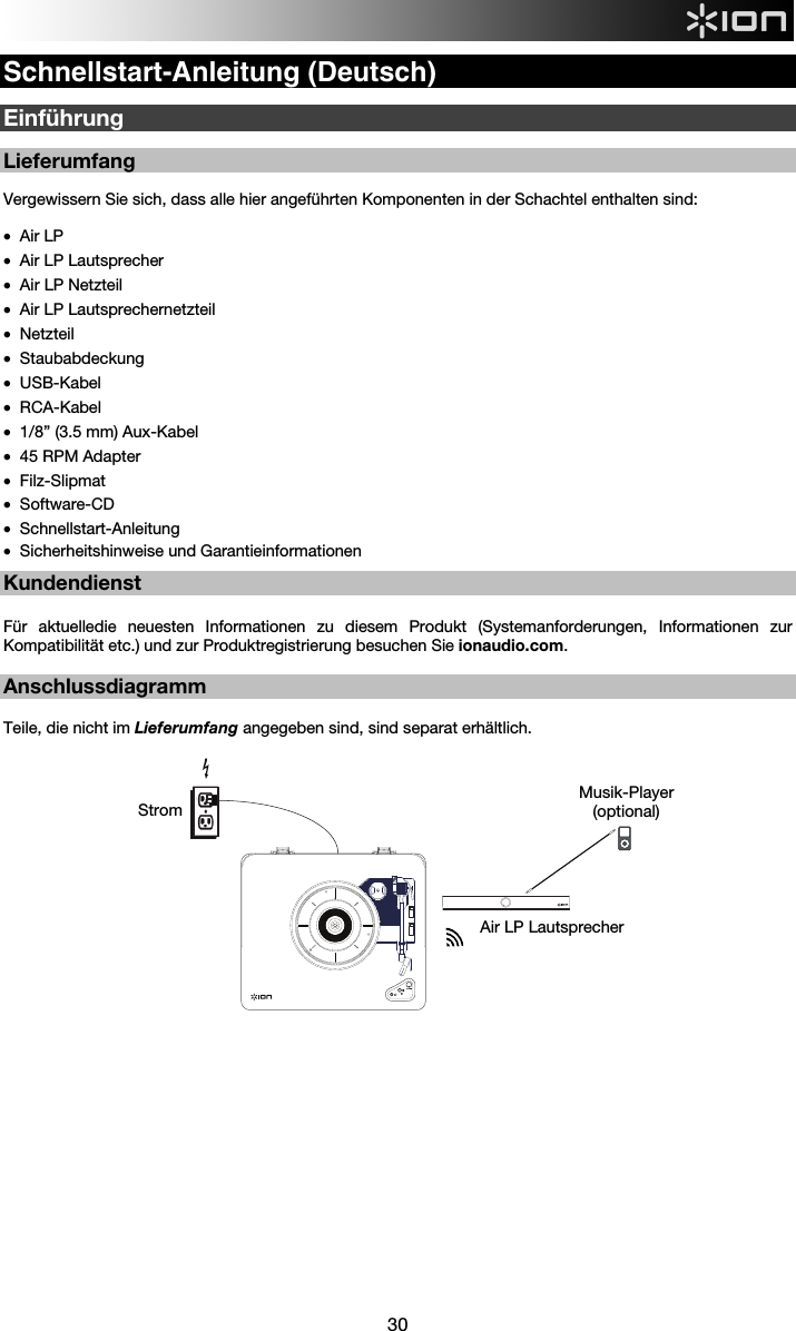  30   Schnellstart-Anleitung (Deutsch)  Einführung  Lieferumfang    Vergewissern Sie sich, dass alle hier angeführten Komponenten in der Schachtel enthalten sind:  • Air LP • Air LP Lautsprecher • Air LP Netzteil • Air LP Lautsprechernetzteil • Netzteil • Staubabdeckung • USB-Kabel • RCA-Kabel  • 1/8” (3.5 mm) Aux-Kabel   • 45 RPM Adapter • Filz-Slipmat  • Software-CD • Schnellstart-Anleitung  • Sicherheitshinweise und Garantieinformationen   Kundendienst  Für aktuelledie neuesten Informationen zu diesem Produkt (Systemanforderungen, Informationen zur Kompatibilität etc.) und zur Produktregistrierung besuchen Sie ionaudio.com.    Anschlussdiagramm  Teile, die nicht im Lieferumfang angegeben sind, sind separat erhältlich.                             Air LP Lautsprecher Musik-Player (optional) Strom 