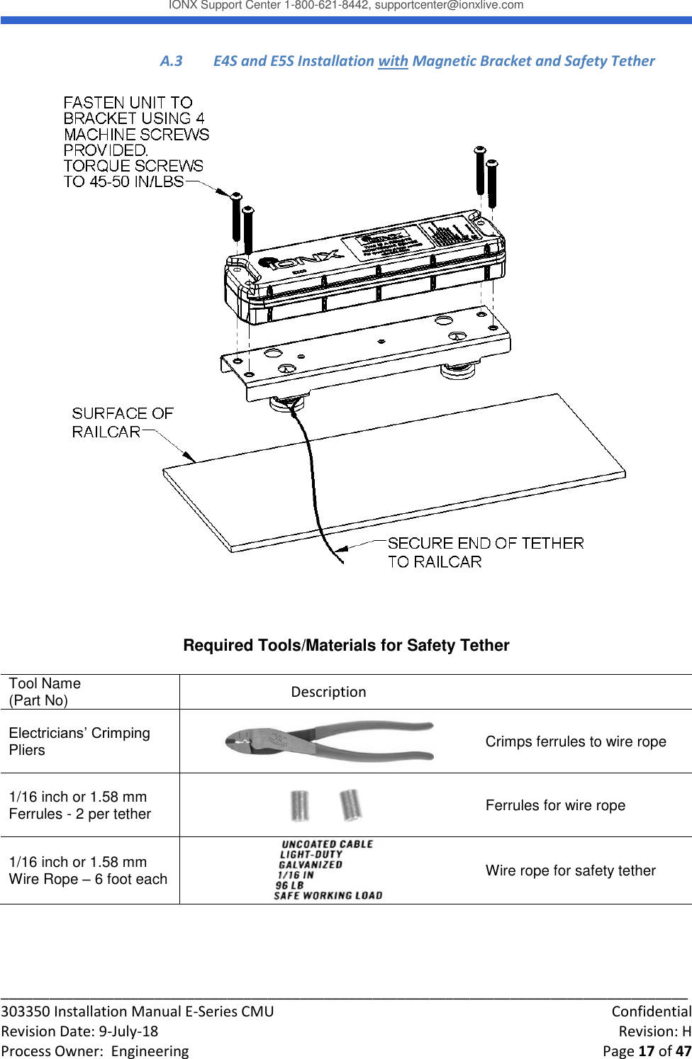 IONX Support Center 1-800-621-8442, supportcenter@ionxlive.com _____________________________________________________________________________________ 303350 Installation Manual E-Series CMU    Confidential Revision Date: 9-July-18    Revision: H Process Owner:  Engineering    Page 17 of 47 A.3  E4S and E5S Installation with Magnetic Bracket and Safety Tether      Required Tools/Materials for Safety Tether  Tool Name (Part No) Description  Electricians&rsquo; Crimping Pliers   Crimps ferrules to wire rope  1/16 inch or 1.58 mm Ferrules - 2 per tether   Ferrules for wire rope 1/16 inch or 1.58 mm Wire Rope &ndash; 6 foot each   Wire rope for safety tether    