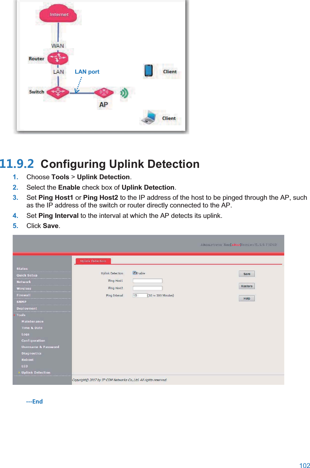  102    Configuring Uplink Detection1. Choose Tools &gt; Uplink Detection. 2. Select the Enable check box of Uplink Detection. 3. Set Ping Host1 or Ping Host2 to the IP address of the host to be pinged through the AP, such as the IP address of the switch or router directly connected to the AP. 4. Set Ping Interval to the interval at which the AP detects its uplink. 5. Click Save.  ---End  LAN port