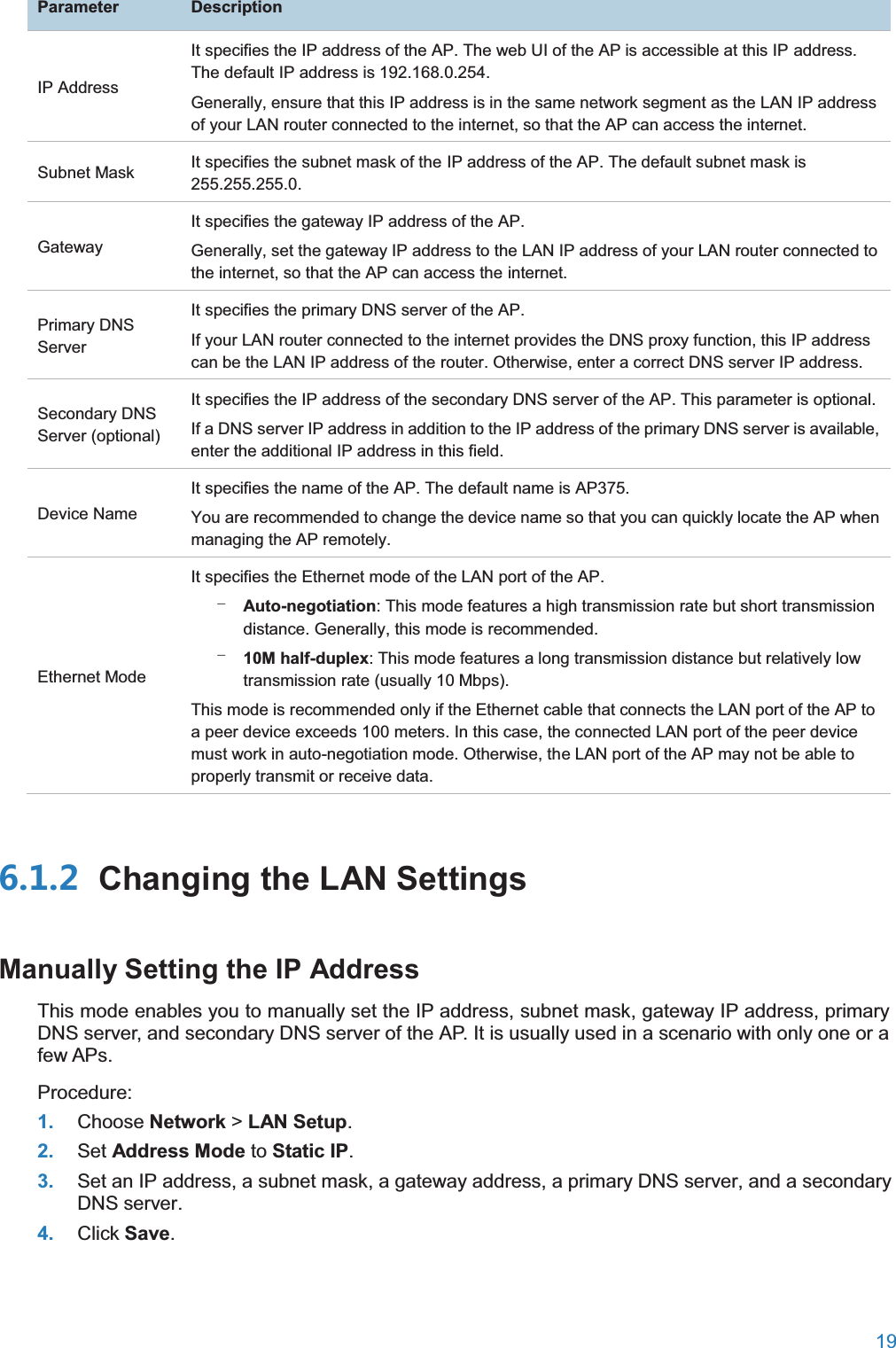  19  ParameterDescriptionIP Address It specifies the IP address of the AP. The web UI of the AP is accessible at this IP address. The default IP address is 192.168.0.254. Generally, ensure that this IP address is in the same network segment as the LAN IP address of your LAN router connected to the internet, so that the AP can access the internet. Subnet Mask It specifies the subnet mask of the IP address of the AP. The default subnet mask is 255.255.255.0. Gateway It specifies the gateway IP address of the AP. Generally, set the gateway IP address to the LAN IP address of your LAN router connected to the internet, so that the AP can access the internet. Primary DNS Server It specifies the primary DNS server of the AP. If your LAN router connected to the internet provides the DNS proxy function, this IP address can be the LAN IP address of the router. Otherwise, enter a correct DNS server IP address. Secondary DNS Server (optional) It specifies the IP address of the secondary DNS server of the AP. This parameter is optional. If a DNS server IP address in addition to the IP address of the primary DNS server is available, enter the additional IP address in this field. Device Name It specifies the name of the AP. The default name is AP375. You are recommended to change the device name so that you can quickly locate the AP when managing the AP remotely. Ethernet Mode It specifies the Ethernet mode of the LAN port of the AP. − Auto-negotiation: This mode features a high transmission rate but short transmission distance. Generally, this mode is recommended. − 10M half-duplex: This mode features a long transmission distance but relatively low transmission rate (usually 10 Mbps).   This mode is recommended only if the Ethernet cable that connects the LAN port of the AP to a peer device exceeds 100 meters. In this case, the connected LAN port of the peer device must work in auto-negotiation mode. Otherwise, the LAN port of the AP may not be able to properly transmit or receive data.  Changing the LAN SettingsManually Setting the IP AddressThis mode enables you to manually set the IP address, subnet mask, gateway IP address, primary DNS server, and secondary DNS server of the AP. It is usually used in a scenario with only one or a few APs. Procedure: 1. Choose Network &gt; LAN Setup. 2. Set Address Mode to Static IP. 3. Set an IP address, a subnet mask, a gateway address, a primary DNS server, and a secondary DNS server. 4. Click Save. 