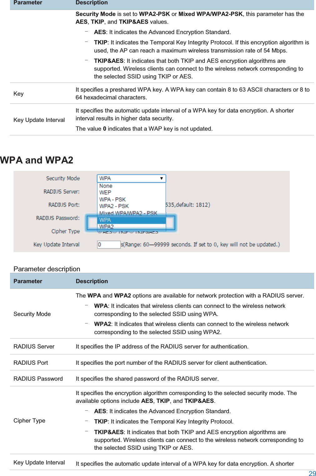  29  ParameterDescriptionSecurity Mode is set to WPA2-PSK or Mixed WPA/WPA2-PSK, this parameter has the AES, TKIP, and TKIP&amp;AES values.   − AES: It indicates the Advanced Encryption Standard. − TKIP: It indicates the Temporal Key Integrity Protocol. If this encryption algorithm is used, the AP can reach a maximum wireless transmission rate of 54 Mbps. − TKIP&amp;AES: It indicates that both TKIP and AES encryption algorithms are supported. Wireless clients can connect to the wireless network corresponding to the selected SSID using TKIP or AES. Key It specifies a preshared WPA key. A WPA key can contain 8 to 63 ASCII characters or 8 to 64 hexadecimal characters. Key Update Interval It specifies the automatic update interval of a WPA key for data encryption. A shorter interval results in higher data security. The value 0 indicates that a WAP key is not updated. WPA and WPA2 Parameter description ParameterDescriptionSecurity Mode The WPA and WPA2 options are available for network protection with a RADIUS server. − WPA: It indicates that wireless clients can connect to the wireless network corresponding to the selected SSID using WPA. − WPA2: It indicates that wireless clients can connect to the wireless network corresponding to the selected SSID using WPA2. RADIUS Server It specifies the IP address of the RADIUS server for authentication. RADIUS Port It specifies the port number of the RADIUS server for client authentication. RADIUS Password It specifies the shared password of the RADIUS server. Cipher Type It specifies the encryption algorithm corresponding to the selected security mode. The available options include AES, TKIP, and TKIP&amp;AES. − AES: It indicates the Advanced Encryption Standard. − TKIP: It indicates the Temporal Key Integrity Protocol. − TKIP&amp;AES: It indicates that both TKIP and AES encryption algorithms are supported. Wireless clients can connect to the wireless network corresponding to the selected SSID using TKIP or AES. Key Update Interval It specifies the automatic update interval of a WPA key for data encryption. A shorter 