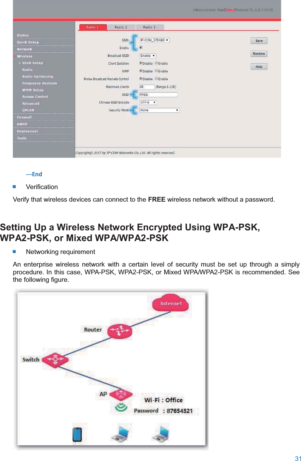  31   ---End  Verification Verify that wireless devices can connect to the FREE wireless network without a password. Setting Up a Wireless Network Encrypted Using WPA-PSK, WPA2-PSK, or Mixed WPA/WPA2-PSK Networking requirement An enterprise wireless network with a certain level of security must be set up through a simply procedure. In this case, WPA-PSK, WPA2-PSK, or Mixed WPA/WPA2-PSK is recommended. See the following figure.  