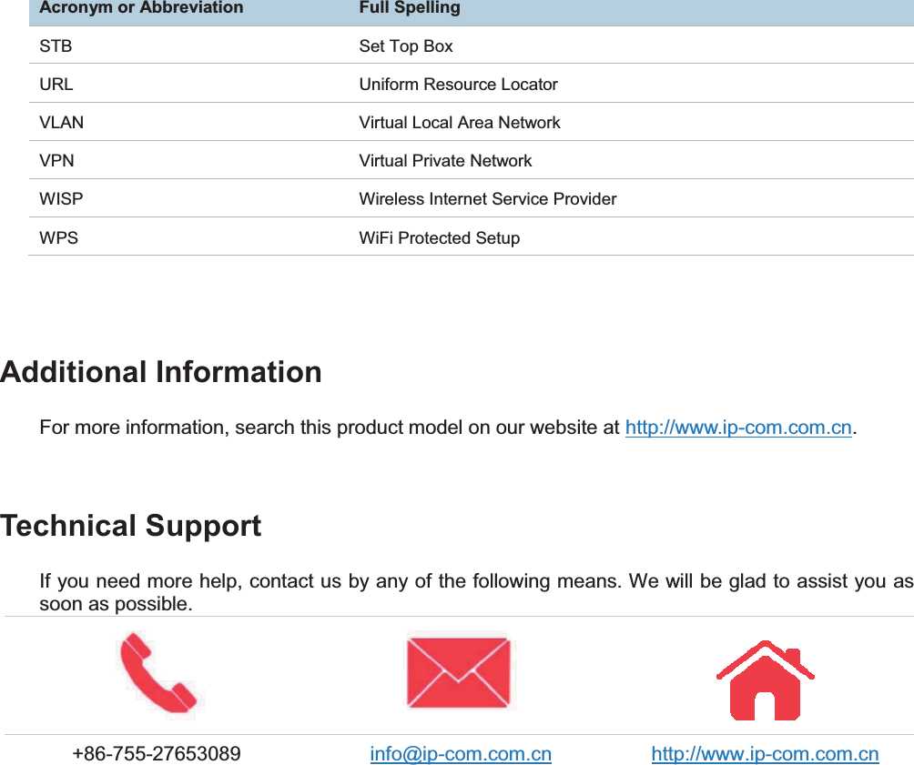   Acronym or AbbreviationFull SpellingSTB  Set Top Box URL  Uniform Resource Locator VLAN  Virtual Local Area Network VPN  Virtual Private Network WISP  Wireless Internet Service Provider WPS WiFi Protected Setup  Additional InformationFor more information, search this product model on our website at http://www.ip-com.com.cn. Technical SupportIf you need more help, contact us by any of the following means. We will be glad to assist you as soon as possible.    +86-755-27653089 info@ip-com.com.cn  http://www.ip-com.com.cn   