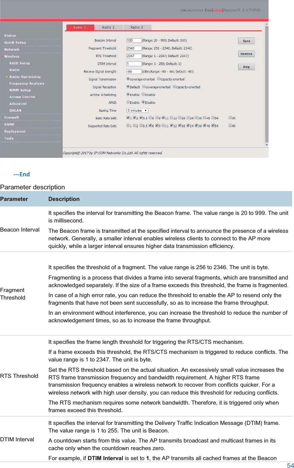  54   ---End Parameter description ParameterDescriptionBeacon Interval It specifies the interval for transmitting the Beacon frame. The value range is 20 to 999. The unit is millisecond. The Beacon frame is transmitted at the specified interval to announce the presence of a wireless network. Generally, a smaller interval enables wireless clients to connect to the AP more quickly, while a larger interval ensures higher data transmission efficiency. Fragment Threshold It specifies the threshold of a fragment. The value range is 256 to 2346. The unit is byte. Fragmenting is a process that divides a frame into several fragments, which are transmitted and acknowledged separately. If the size of a frame exceeds this threshold, the frame is fragmented. In case of a high error rate, you can reduce the threshold to enable the AP to resend only the fragments that have not been sent successfully, so as to increase the frame throughput. In an environment without interference, you can increase the threshold to reduce the number of acknowledgement times, so as to increase the frame throughput. RTS Threshold It specifies the frame length threshold for triggering the RTS/CTS mechanism. If a frame exceeds this threshold, the RTS/CTS mechanism is triggered to reduce conflicts. The value range is 1 to 2347. The unit is byte. Set the RTS threshold based on the actual situation. An excessively small value increases the RTS frame transmission frequency and bandwidth requirement. A higher RTS frame transmission frequency enables a wireless network to recover from conflicts quicker. For a wireless network with high user density, you can reduce this threshold for reducing conflicts.   The RTS mechanism requires some network bandwidth. Therefore, it is triggered only when frames exceed this threshold. DTIM Interval It specifies the interval for transmitting the Delivery Traffic Indication Message (DTIM) frame. The value range is 1 to 255. The unit is Beacon. A countdown starts from this value. The AP transmits broadcast and multicast frames in its cache only when the countdown reaches zero. For example, if DTIM Interval is set to 1, the AP transmits all cached frames at the Beacon 