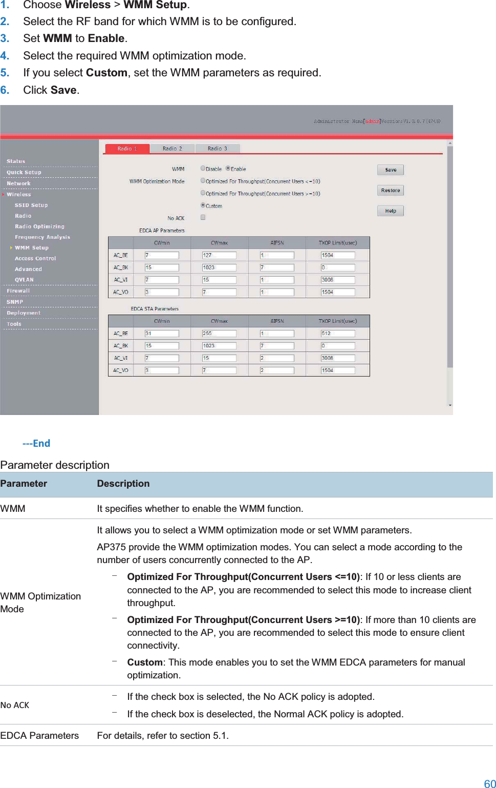  60  1. Choose Wireless &gt; WMM Setup. 2. Select the RF band for which WMM is to be configured. 3. Set WMM to Enable. 4. Select the required WMM optimization mode. 5. If you select Custom, set the WMM parameters as required. 6. Click Save.  ---End Parameter description ParameterDescriptionWMM It specifies whether to enable the WMM function. WMM Optimization Mode It allows you to select a WMM optimization mode or set WMM parameters. AP375 provide the WMM optimization modes. You can select a mode according to the number of users concurrently connected to the AP. − Optimized For Throughput(Concurrent Users &lt;=10): If 10 or less clients are connected to the AP, you are recommended to select this mode to increase client throughput. − Optimized For Throughput(Concurrent Users &gt;=10): If more than 10 clients are connected to the AP, you are recommended to select this mode to ensure client connectivity. − Custom: This mode enables you to set the WMM EDCA parameters for manual optimization. No ACK − If the check box is selected, the No ACK policy is adopted. − If the check box is deselected, the Normal ACK policy is adopted. EDCA Parameters For details, refer to section 5.1. 