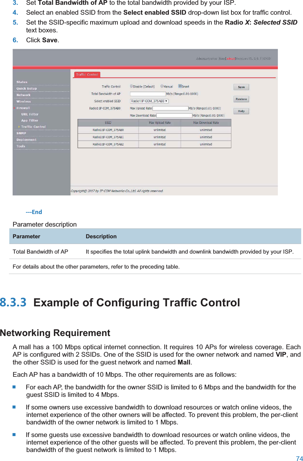  74  3. Set Total Bandwidth of AP to the total bandwidth provided by your ISP. 4. Select an enabled SSID from the Select enabled SSID drop-down list box for traffic control. 5. Set the SSID-specific maximum upload and download speeds in the Radio X:Selected SSID text boxes. 6. Click Save.  ---End Parameter description ParameterDescriptionTotal Bandwidth of AP It specifies the total uplink bandwidth and downlink bandwidth provided by your ISP. For details about the other parameters, refer to the preceding table.  Example of Configuring Traffic ControlNetworking RequirementA mall has a 100 Mbps optical internet connection. It requires 10 APs for wireless coverage. Each AP is configured with 2 SSIDs. One of the SSID is used for the owner network and named VIP, and the other SSID is used for the guest network and named Mall. Each AP has a bandwidth of 10 Mbps. The other requirements are as follows:  For each AP, the bandwidth for the owner SSID is limited to 6 Mbps and the bandwidth for the guest SSID is limited to 4 Mbps.  If some owners use excessive bandwidth to download resources or watch online videos, the internet experience of the other owners will be affected. To prevent this problem, the per-client bandwidth of the owner network is limited to 1 Mbps.  If some guests use excessive bandwidth to download resources or watch online videos, the internet experience of the other guests will be affected. To prevent this problem, the per-client bandwidth of the guest network is limited to 1 Mbps. 