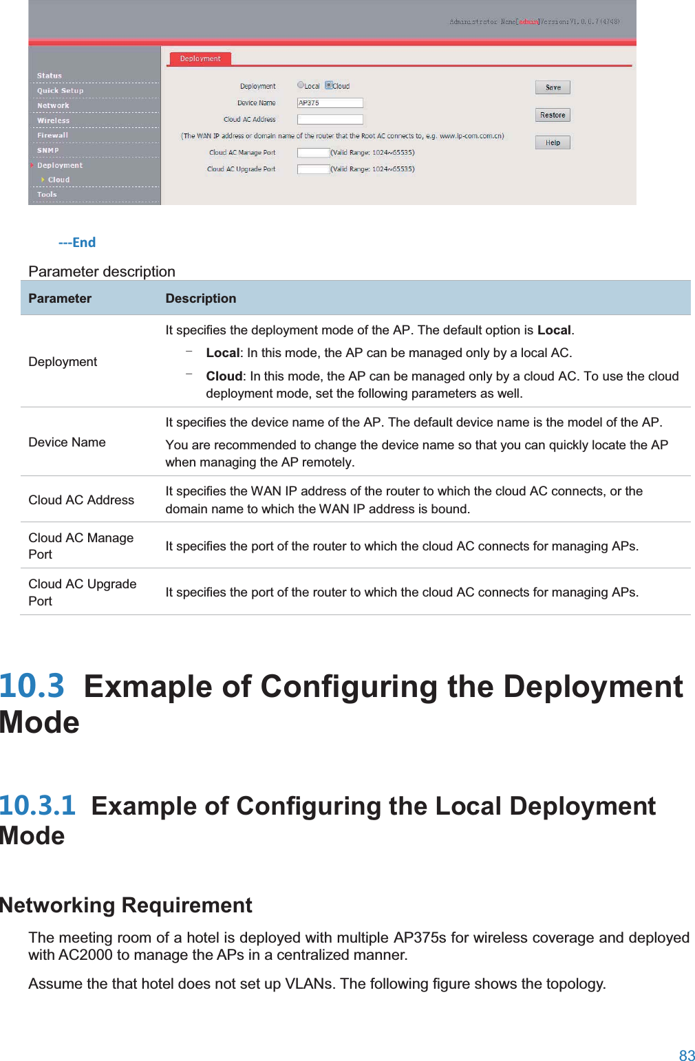  83   ---End Parameter description ParameterDescriptionDeployment It specifies the deployment mode of the AP. The default option is Local. − Local: In this mode, the AP can be managed only by a local AC. − Cloud: In this mode, the AP can be managed only by a cloud AC. To use the cloud deployment mode, set the following parameters as well. Device Name It specifies the device name of the AP. The default device name is the model of the AP. You are recommended to change the device name so that you can quickly locate the AP when managing the AP remotely. Cloud AC Address It specifies the WAN IP address of the router to which the cloud AC connects, or the domain name to which the WAN IP address is bound. Cloud AC Manage Port It specifies the port of the router to which the cloud AC connects for managing APs. Cloud AC Upgrade Port It specifies the port of the router to which the cloud AC connects for managing APs.  Exmaple of Configuring the Deployment Mode Example of Configuring the Local Deployment ModeNetworking RequirementThe meeting room of a hotel is deployed with multiple AP375s for wireless coverage and deployed with AC2000 to manage the APs in a centralized manner. Assume the that hotel does not set up VLANs. The following figure shows the topology. 